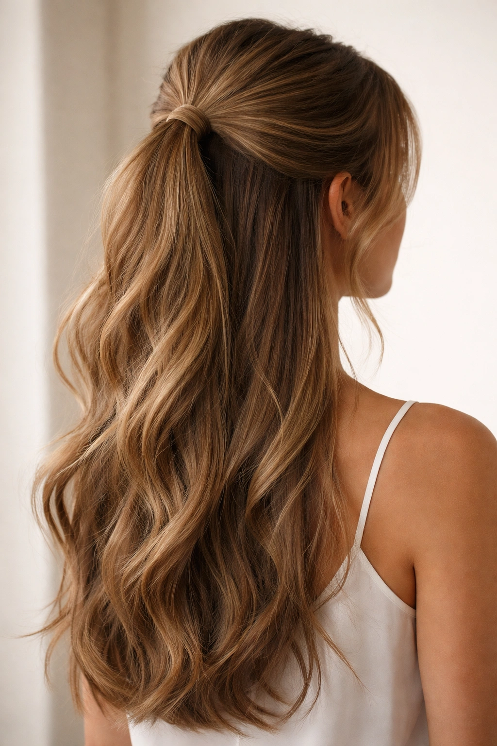 Back view of a half-up ponytail with the top section pulled back and the rest of the hair loose