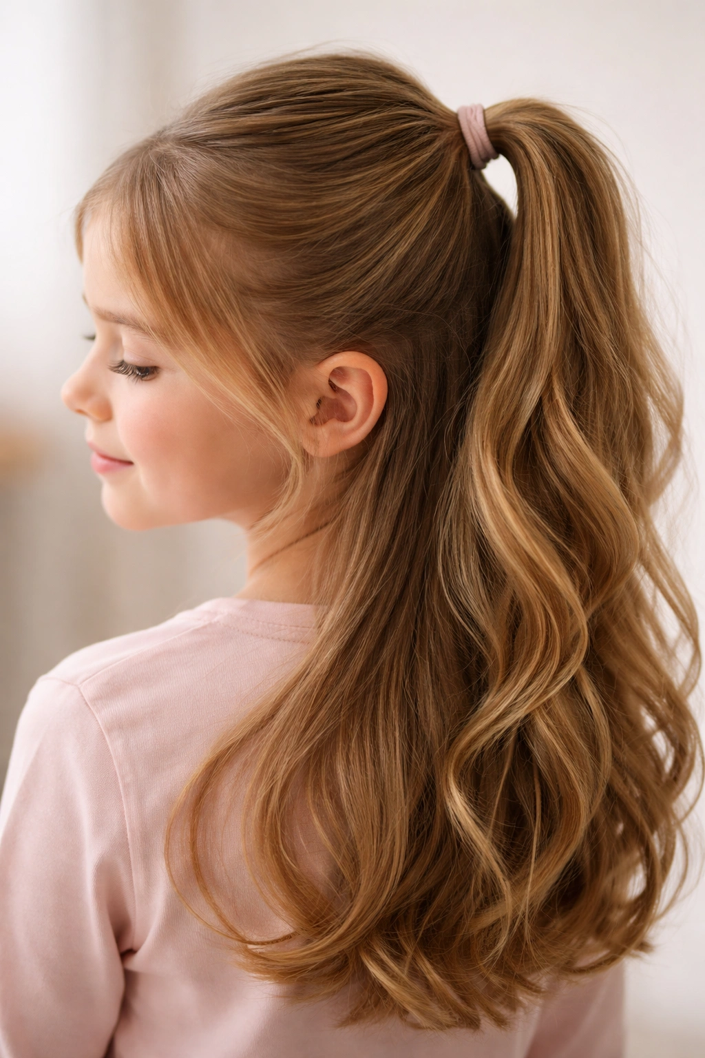 Half-up ponytail with top portion secured and bottom hair flowing freely
