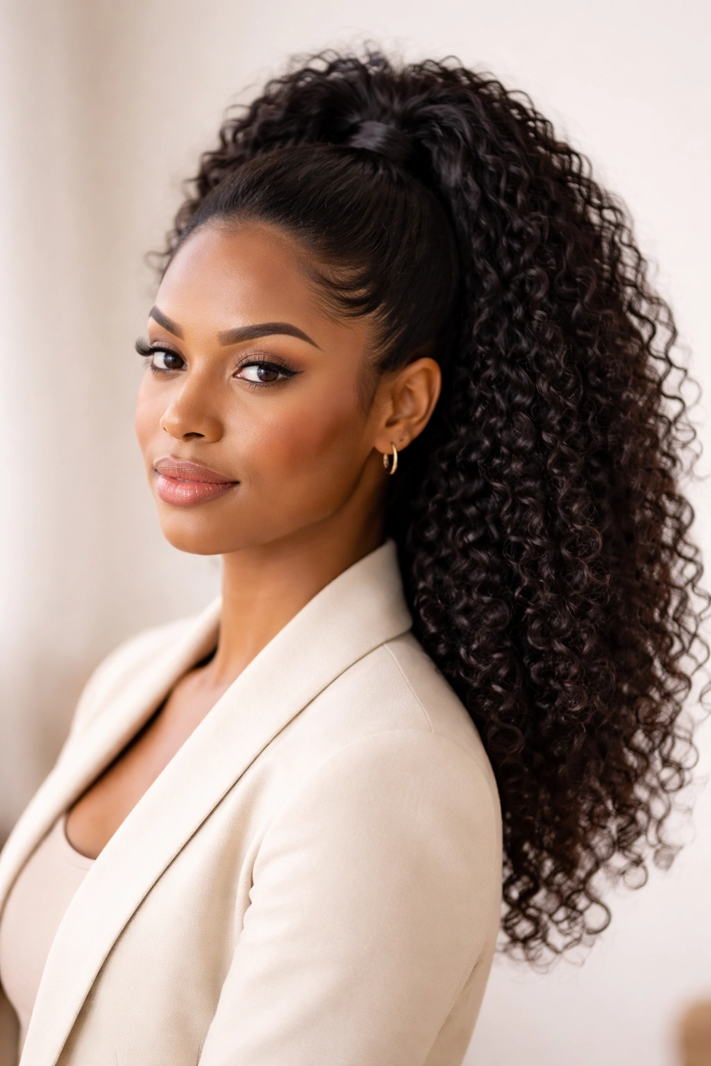 Close-up of a half-up ponytail with crown pull-up and loose curls