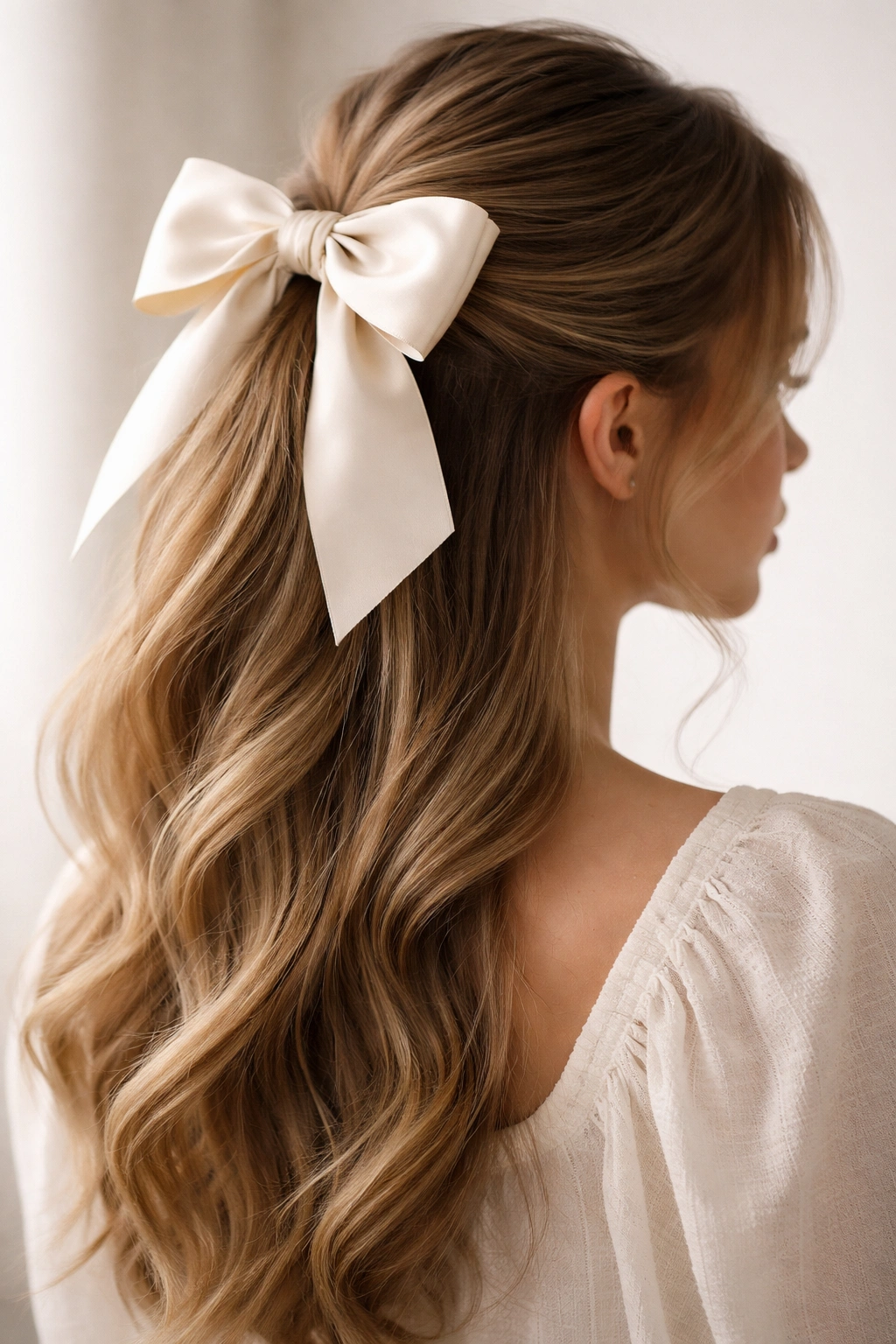 Close-up of half-up ponytail with oversized bow, polished hairstyle