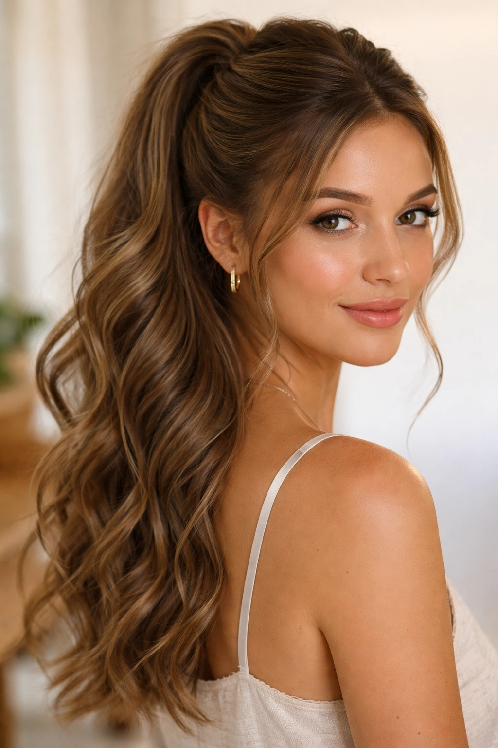 Half-up ponytail with cascading waves at crown in natural light