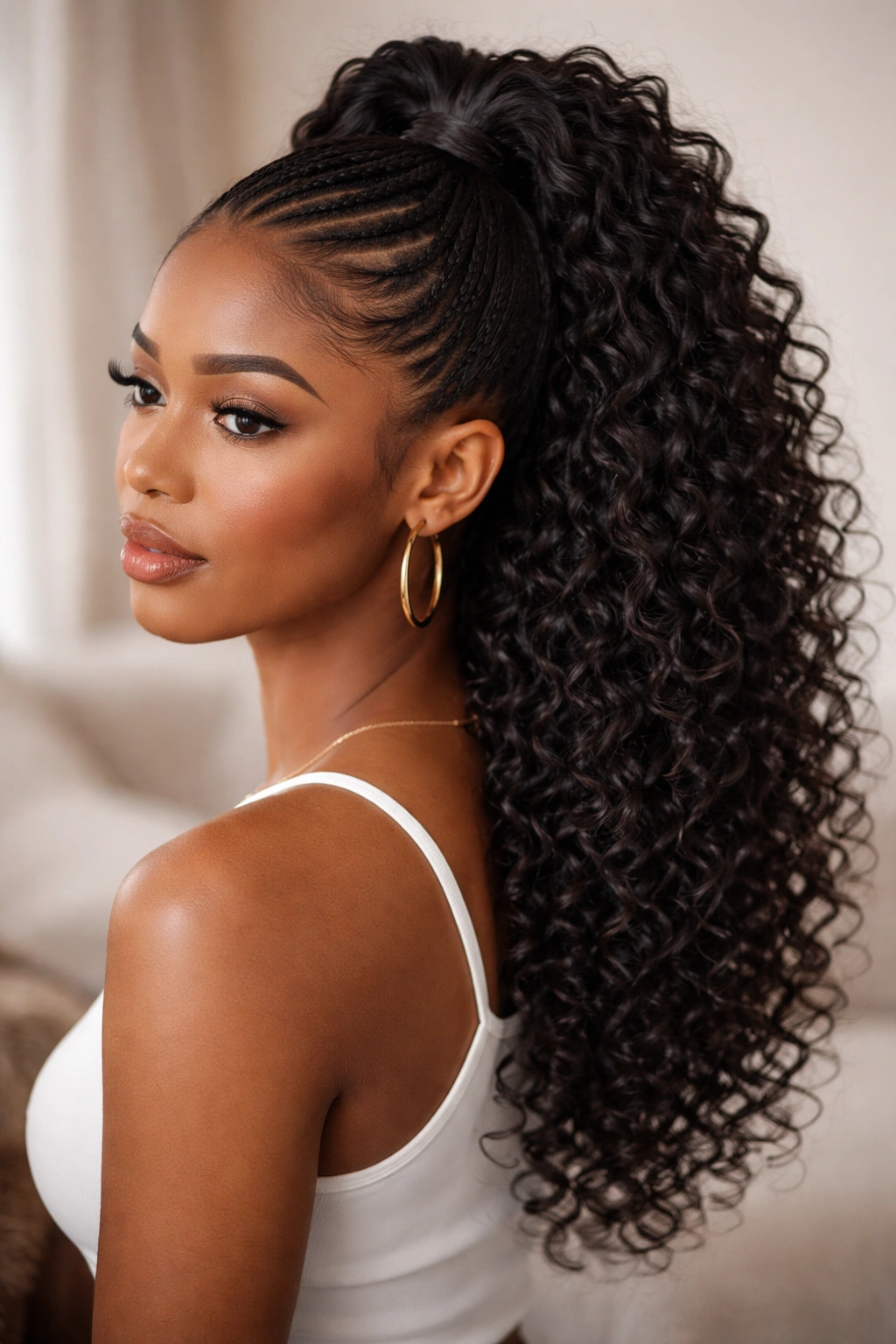 Half-up curly weave ponytail with braided crown and loose flowing curls