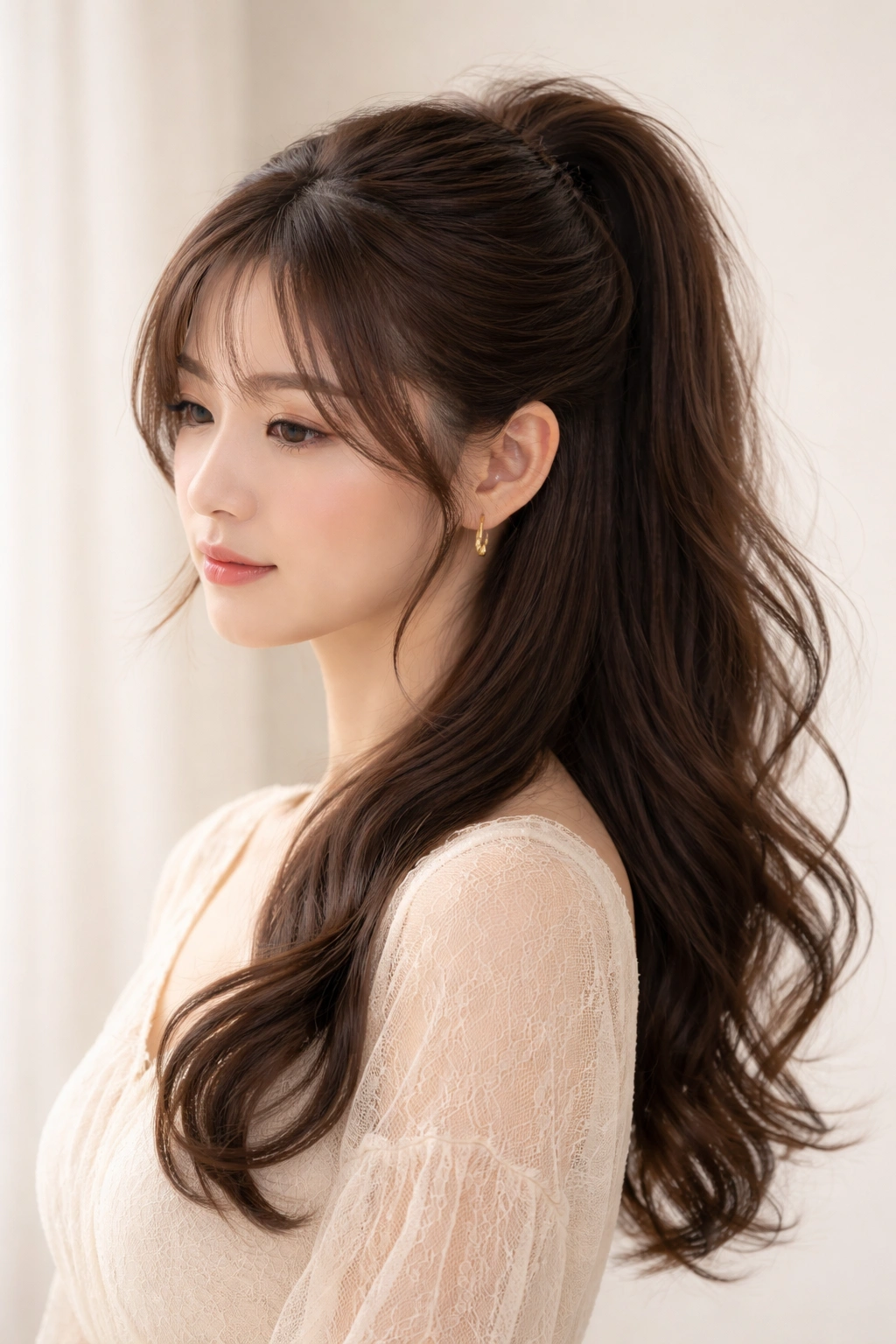 Half-up ponytail with crown top and flowing lower hair framing the face