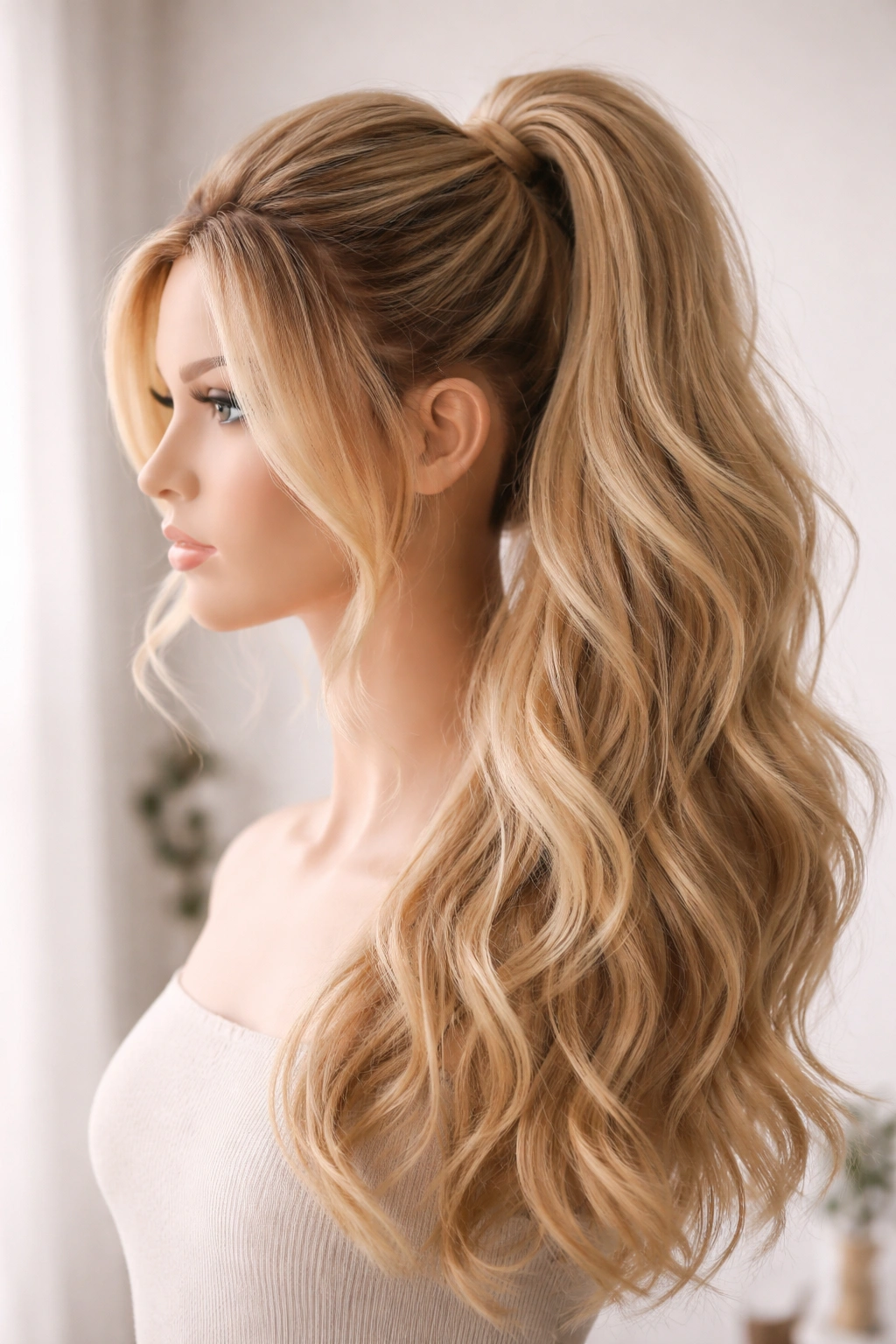 Half-up faux ponytail hybrid on mannequin head showing blending