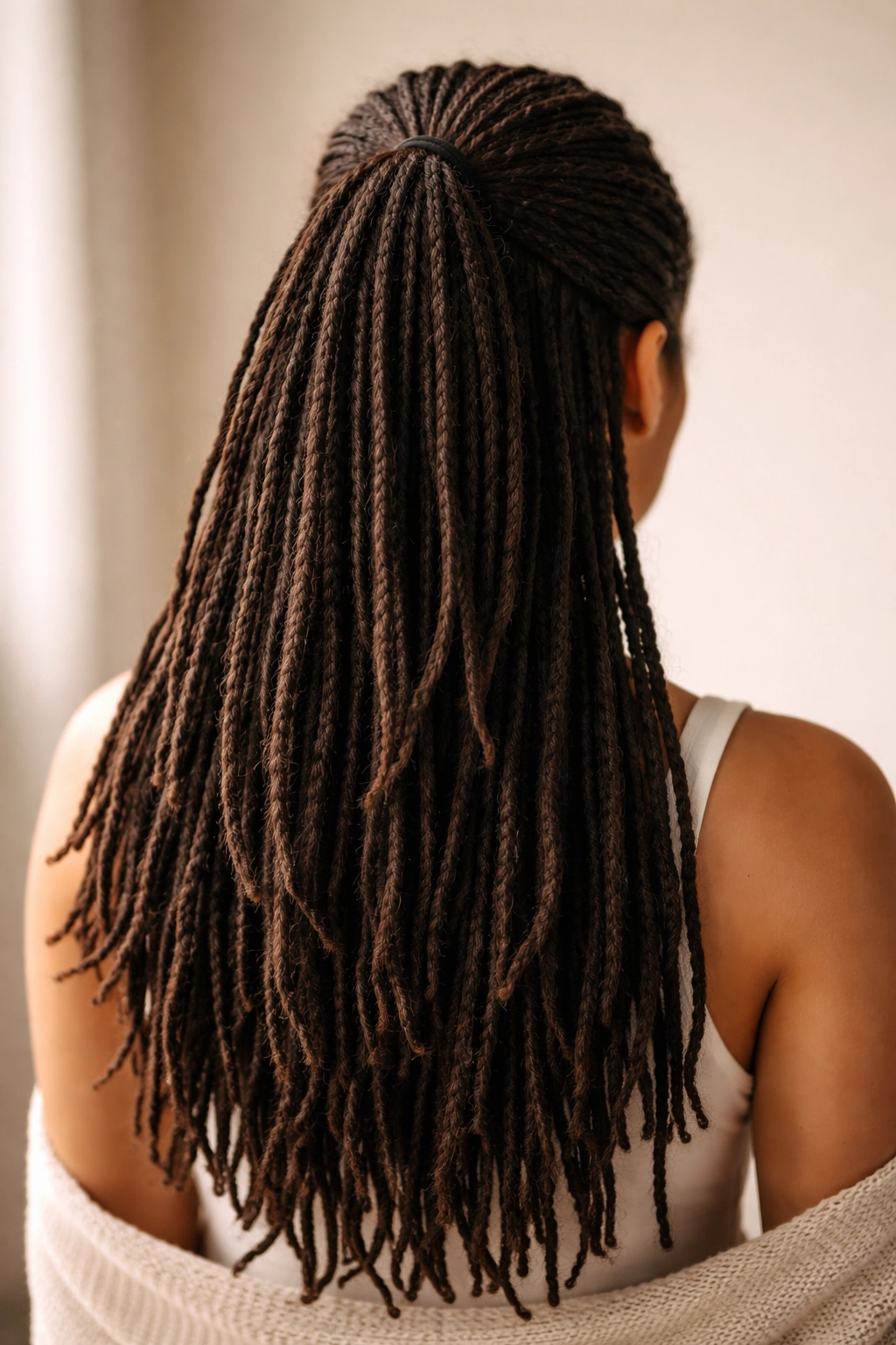 Close-up back view of a half-up ponytail with long locs, top half tied high and bottom loose