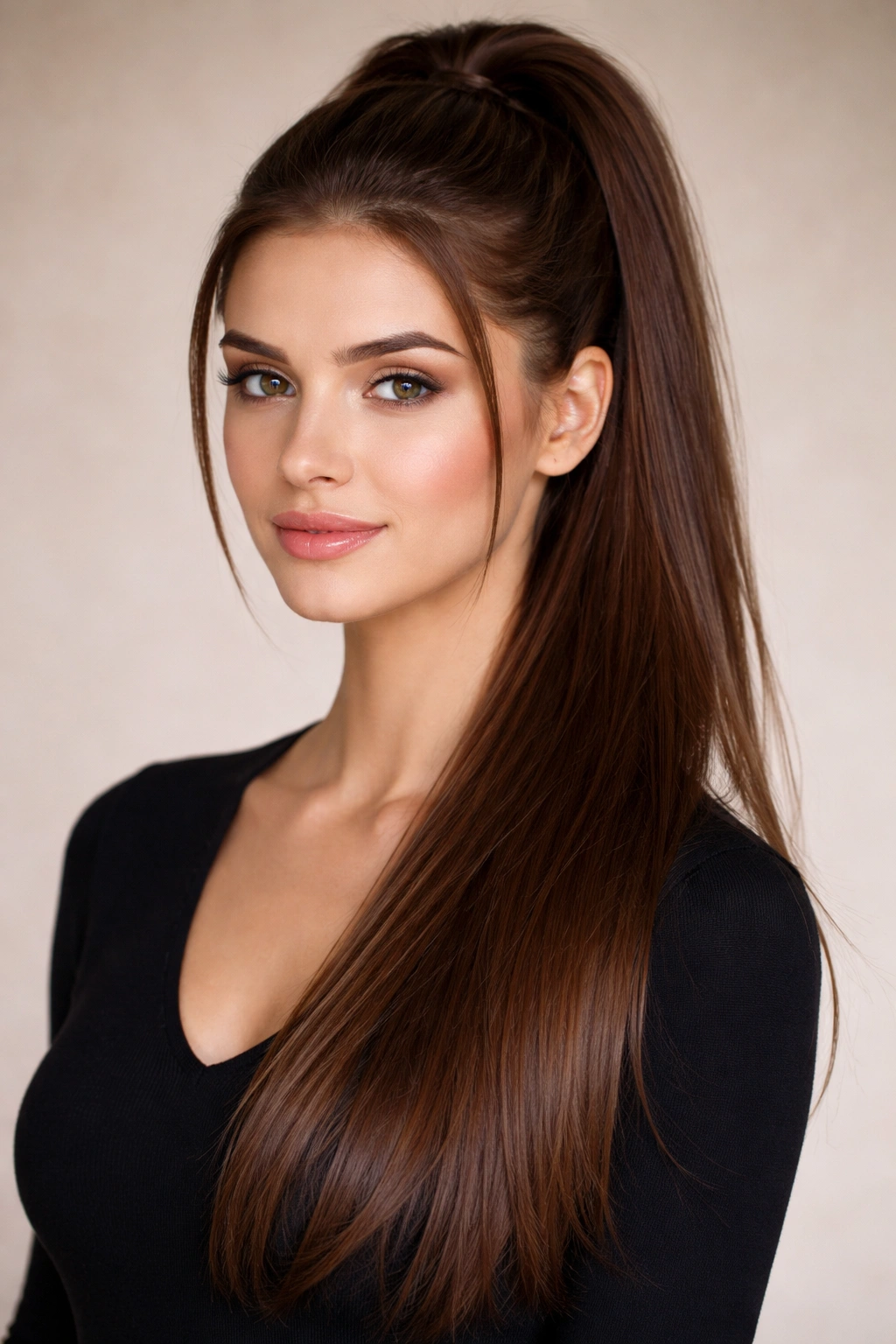 Close-up of half-up ponytail on straight glossy hair with top section tied.