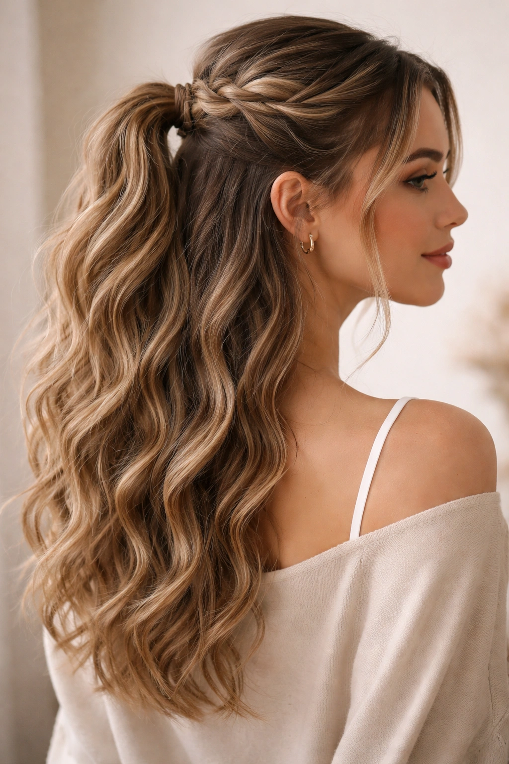 Half-up ponytail with twisted crown and waves