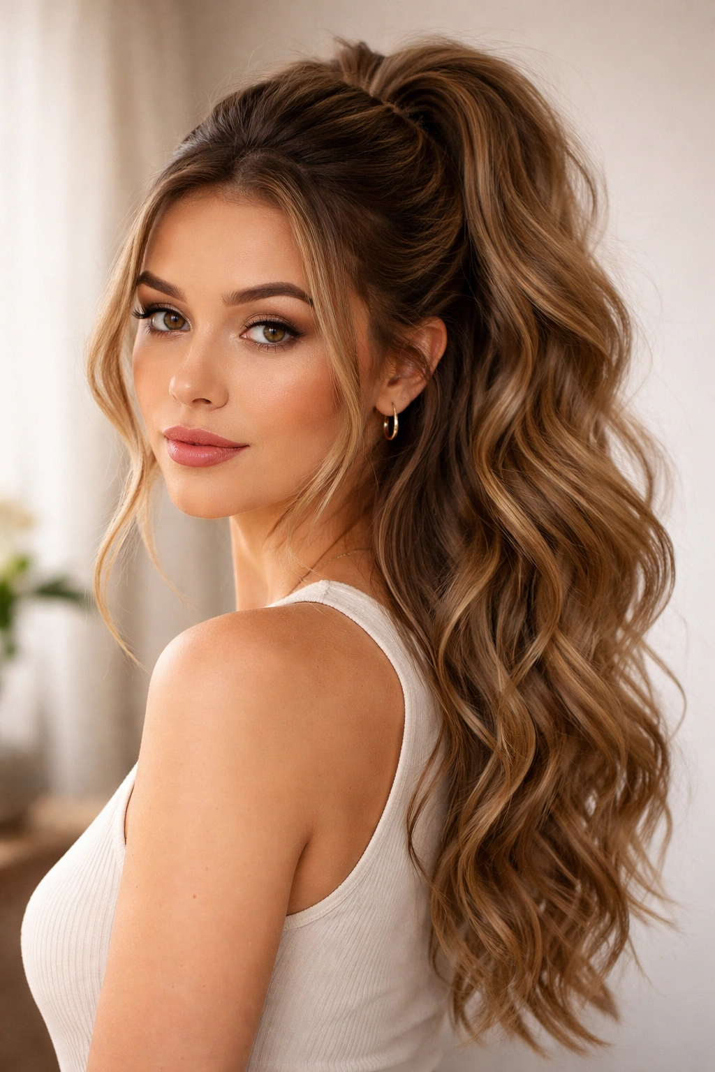 Half-up ponytail showing volume and waves in the lower hair