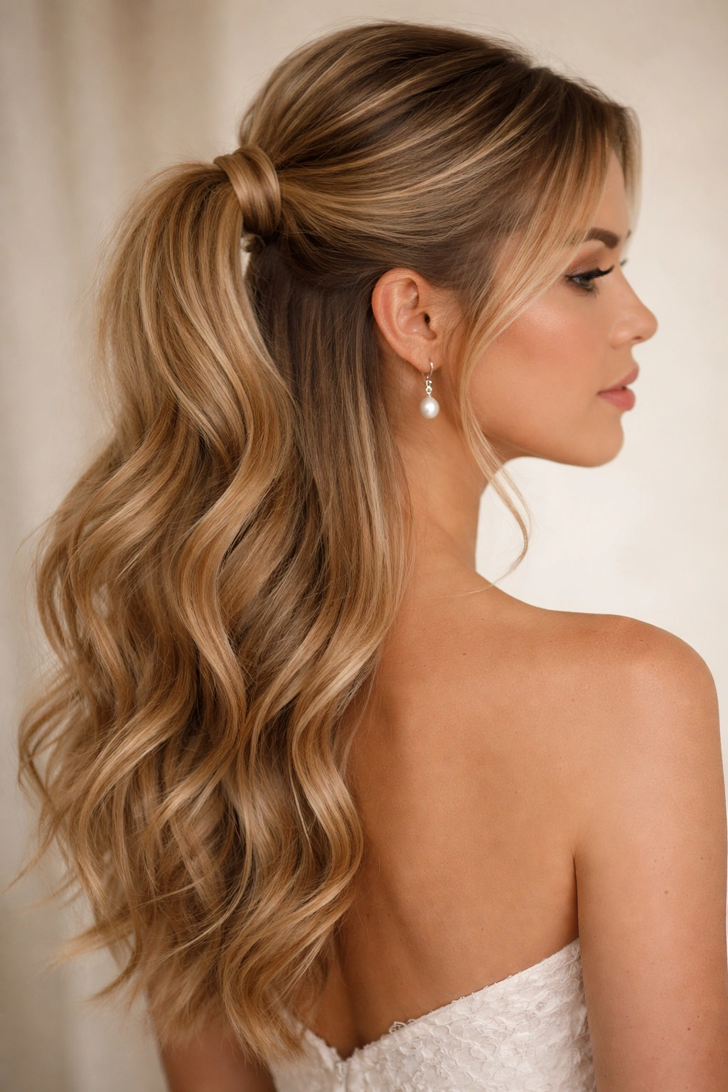 Close-up of the Half-Up Half-Down Ponytail showing crown-wrapped elastic and flowing lower hair