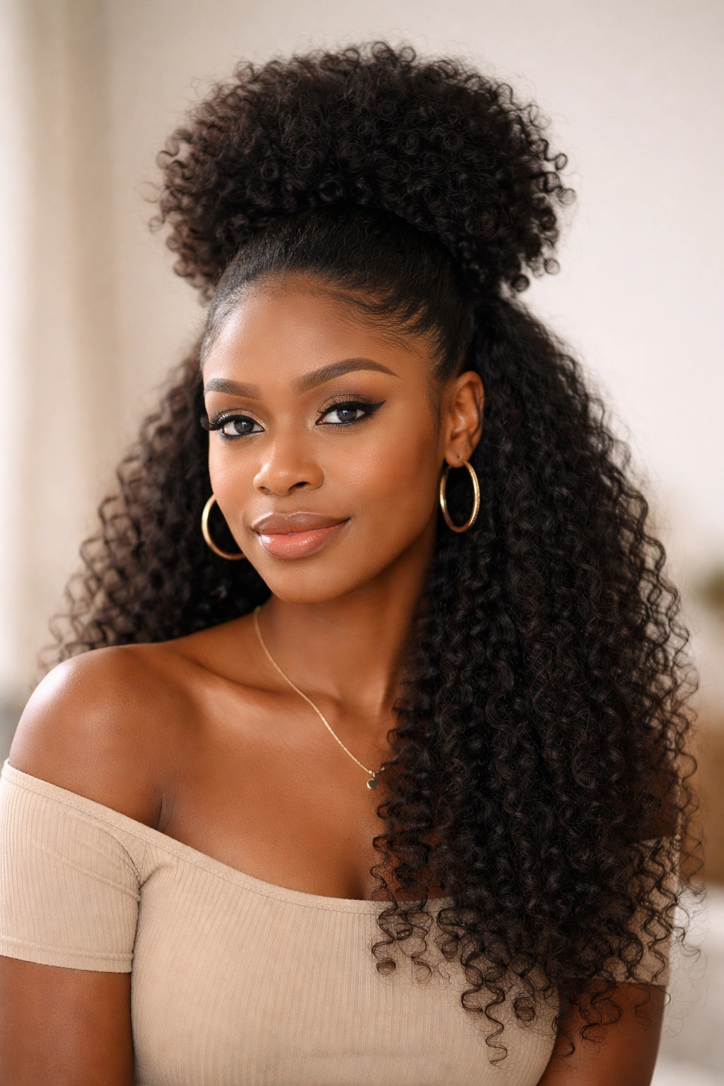 Half-Up Puff showing gathered top and flowing bottom hair on 4C texture