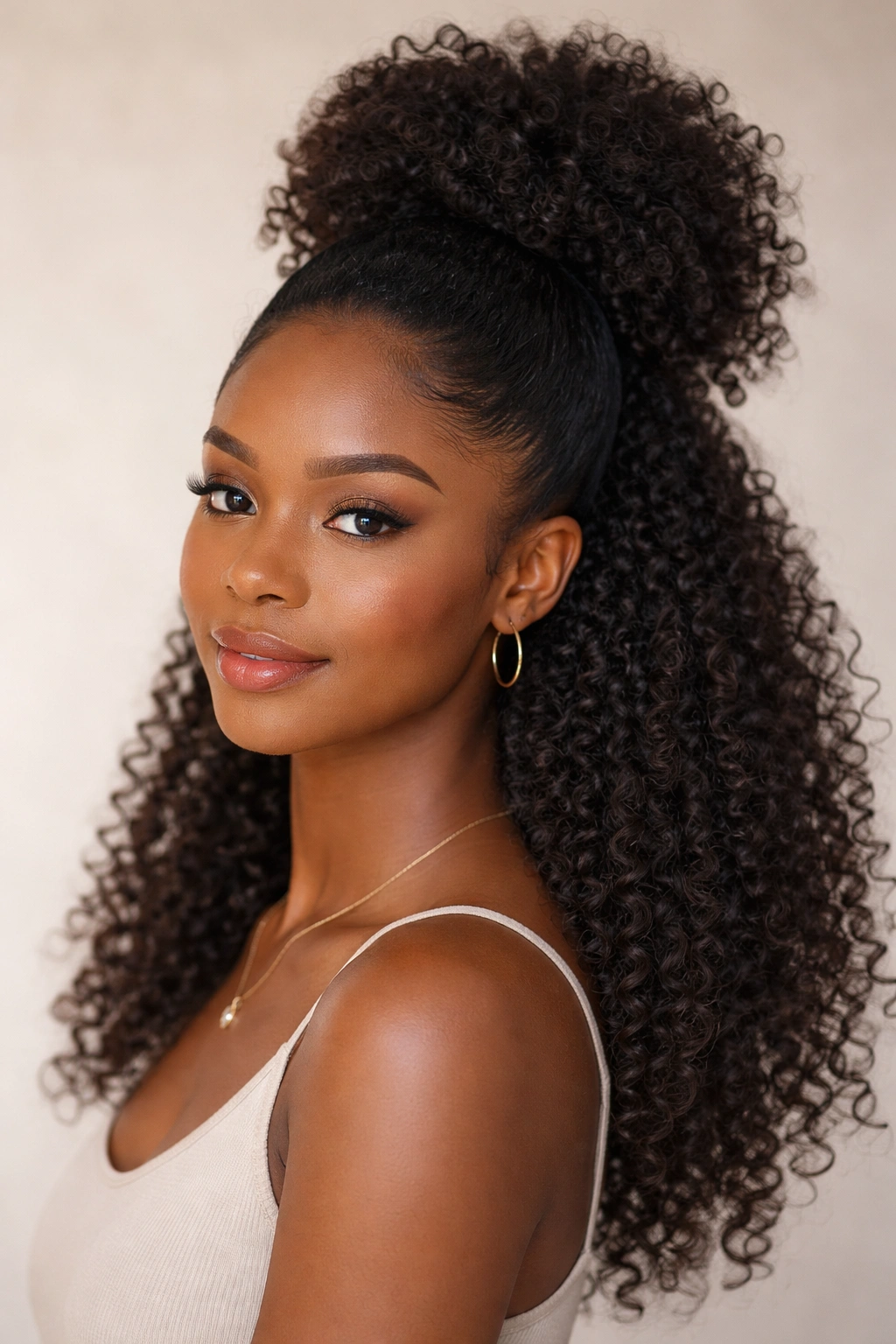 Close-up of a person featuring a half-up puff hairstyle, top crown puff with loose textured hair below