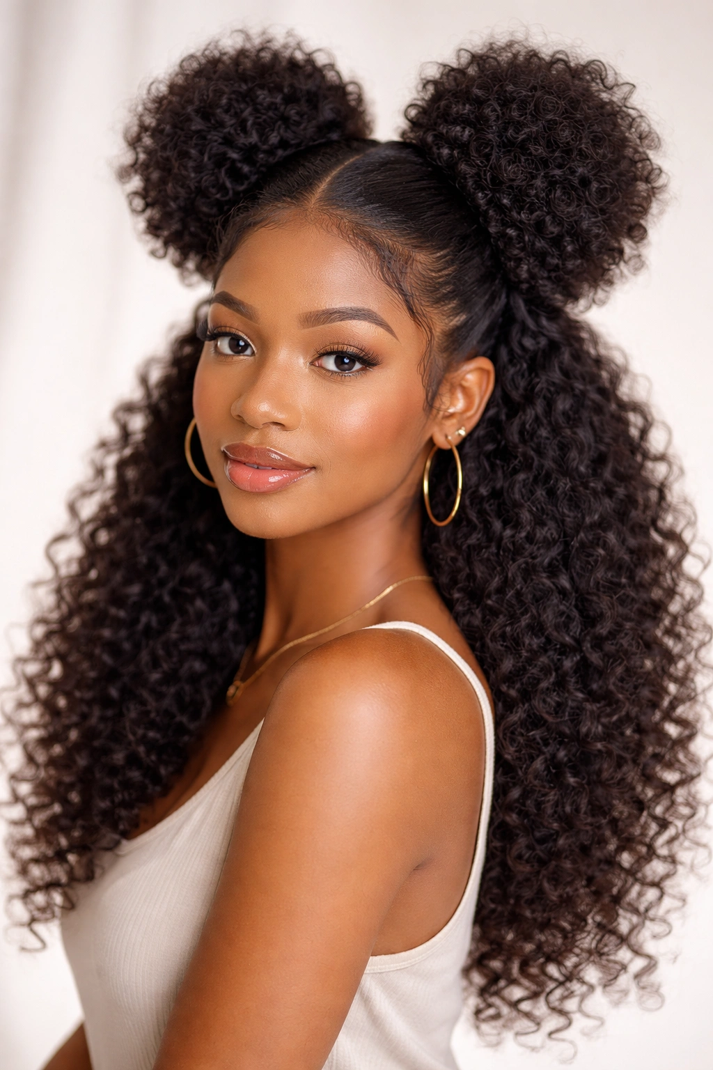 Half-Up Puff Arrangement showing upper puffs with loose hair below.