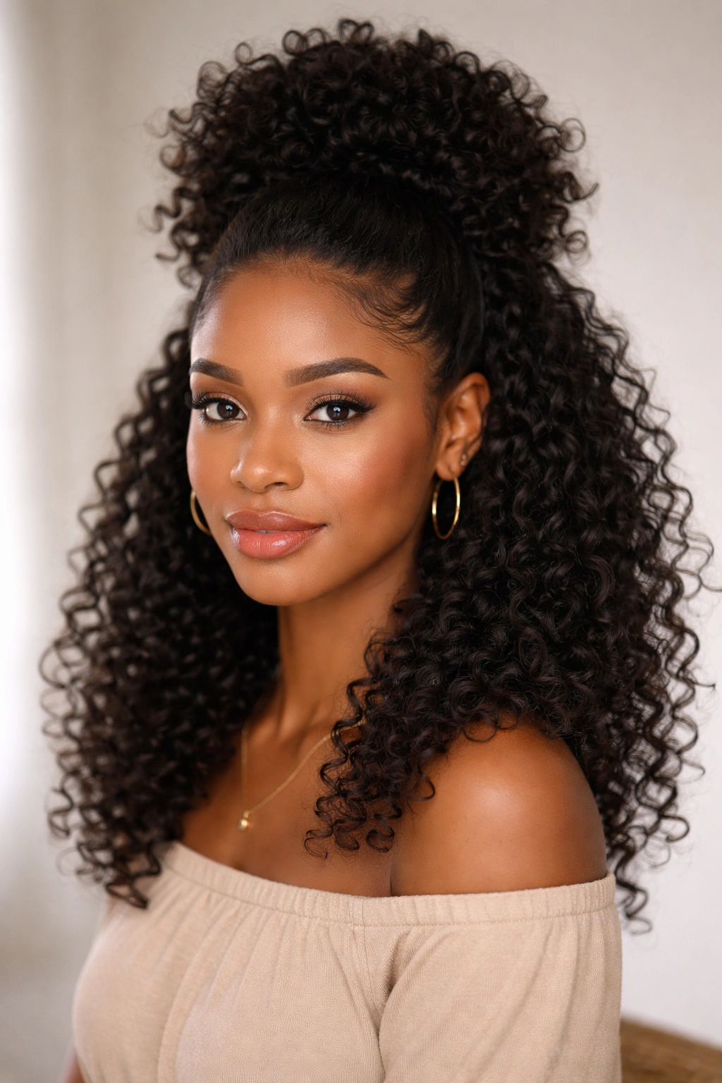 Close-up of a person with a high puff and defined curls at the crown