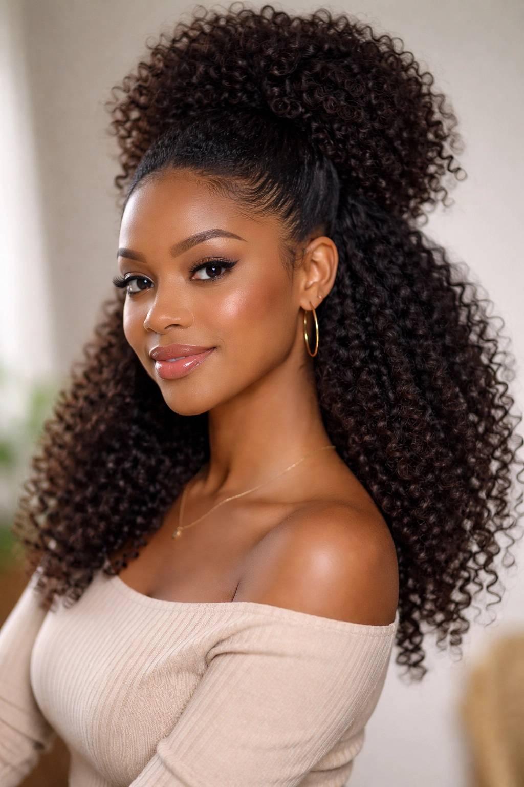 Half-Up Half-Down Puff hairstyle with top crown puff and loose curls below