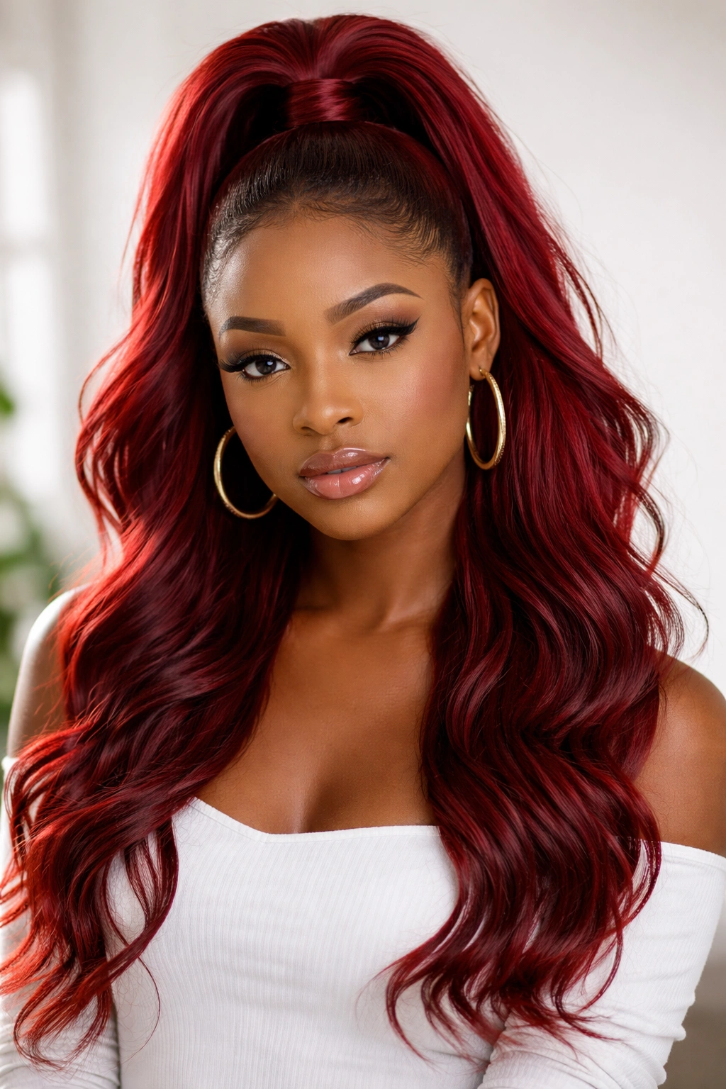 Half-up half-down red ponytail with top gathered and bottom loose