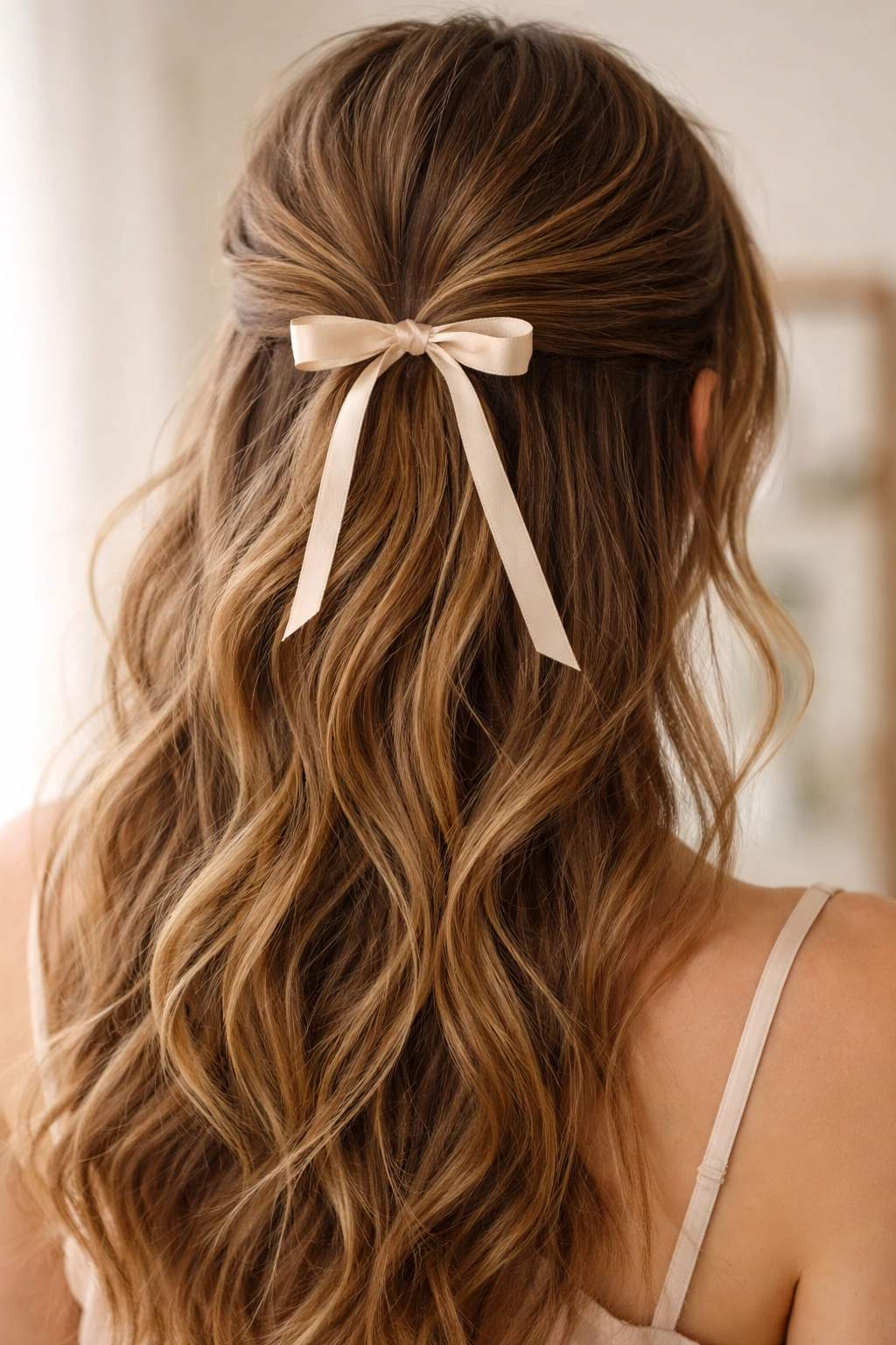 Close-up of a half-up hairstyle with a ribbon wrapped around the elastic in soft waves
