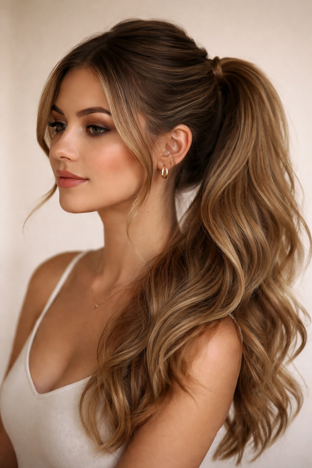 Half-up side pony where the top section is secured, bottom hair loose and flowing.