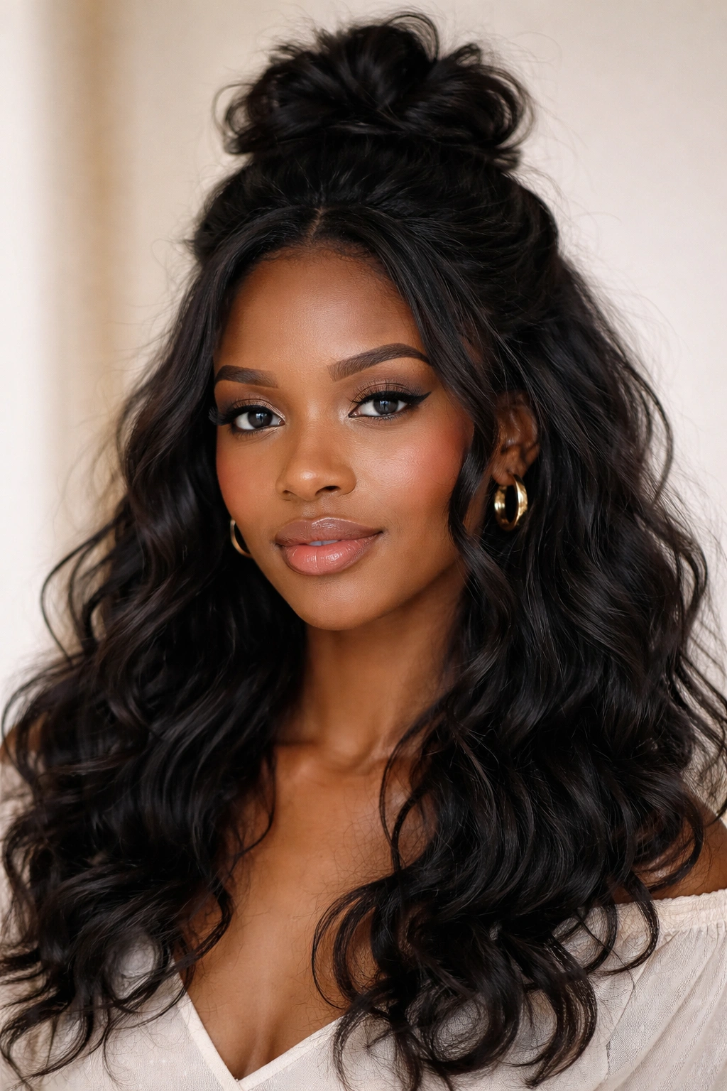 Close-up of a Black woman's wavy hair in a soft, loose crown bun with face-framing waves