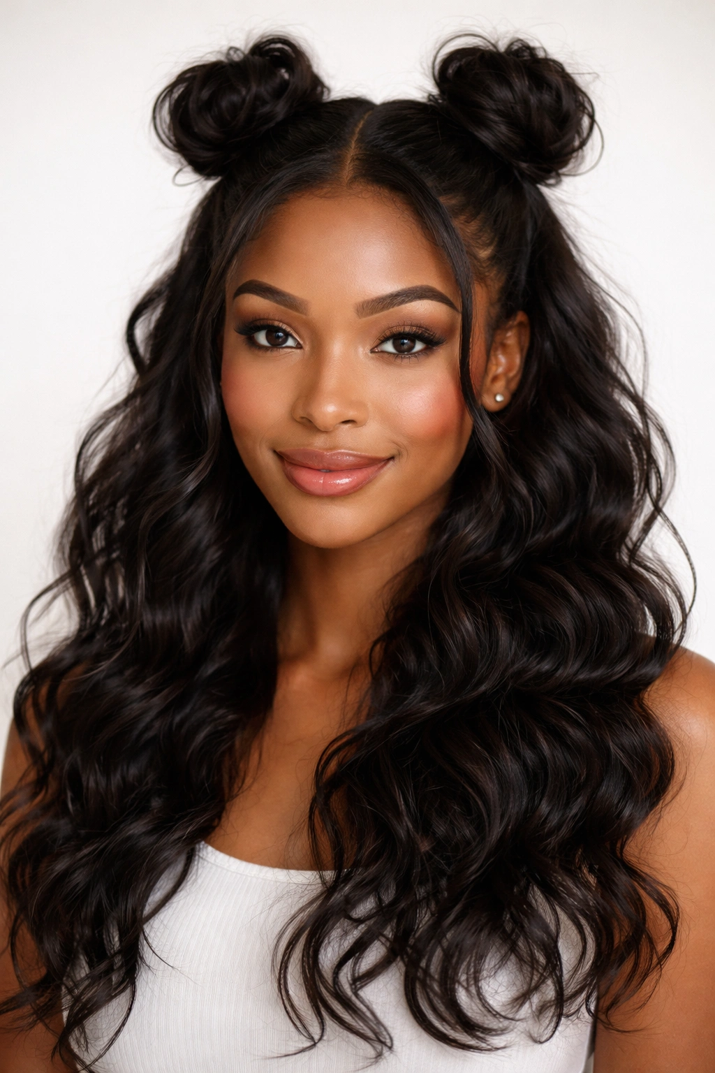 Front view of a Black woman's half-up space buns with flowing waves