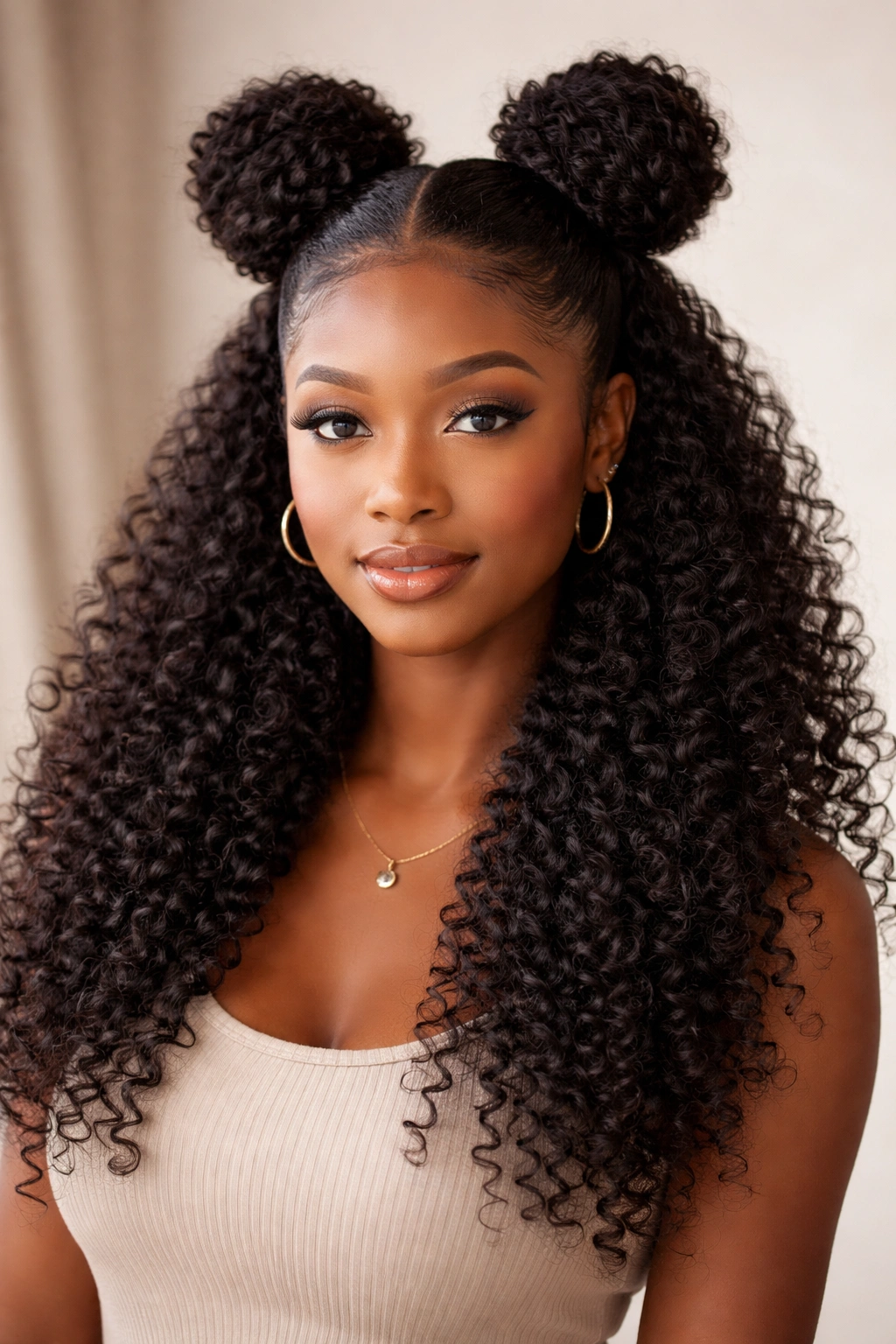 Two half-up space buns with Afro curls flowing below.
