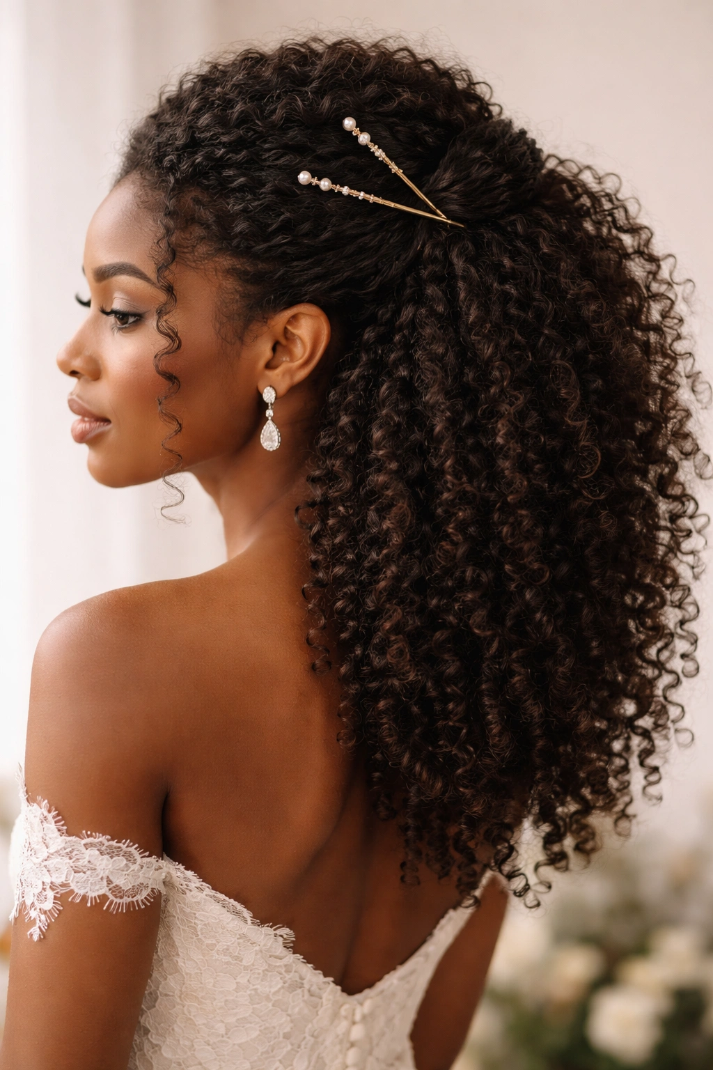 Half-up hairstyle secured with decorative sticks.