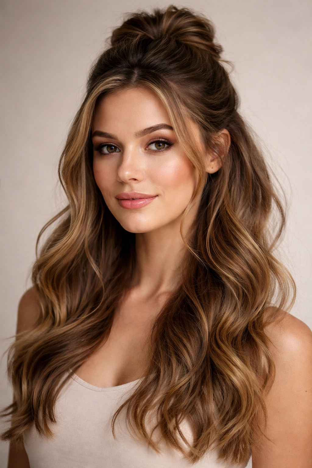 Portrait of a person with a wavy half-up hairstyle, showing the lifted top and flowing waves below.