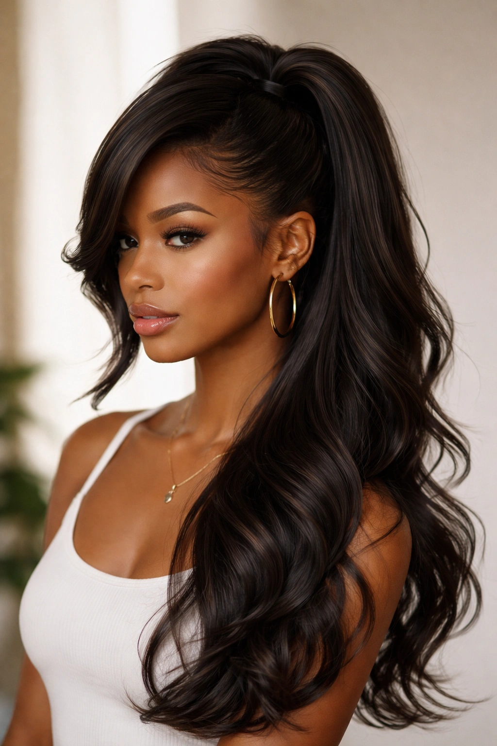 Half-Up Swoop Ponytail showing top-half gathered with dramatic side swoop.