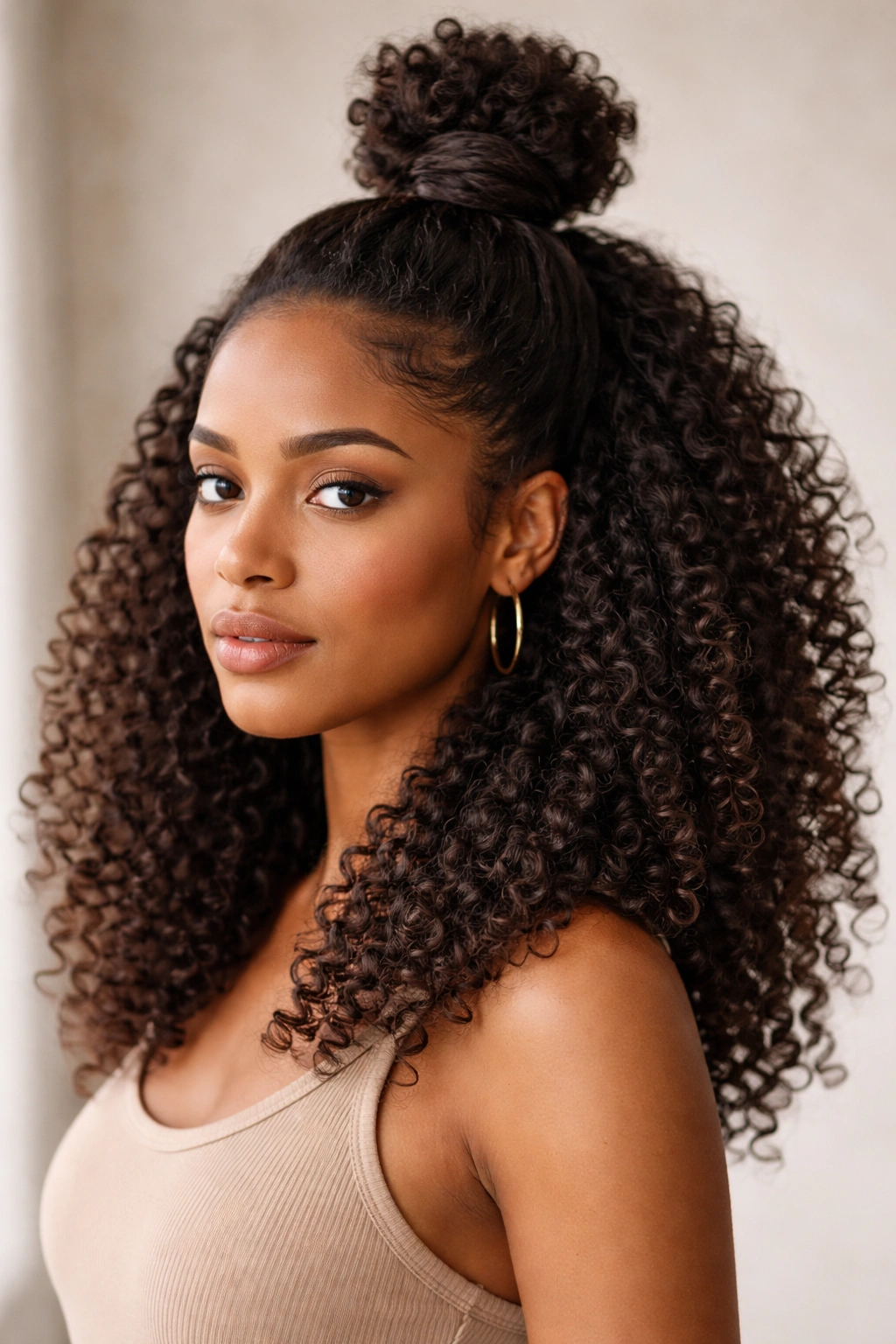 Half-up top knot hairstyle with knot at crown and loose curls below