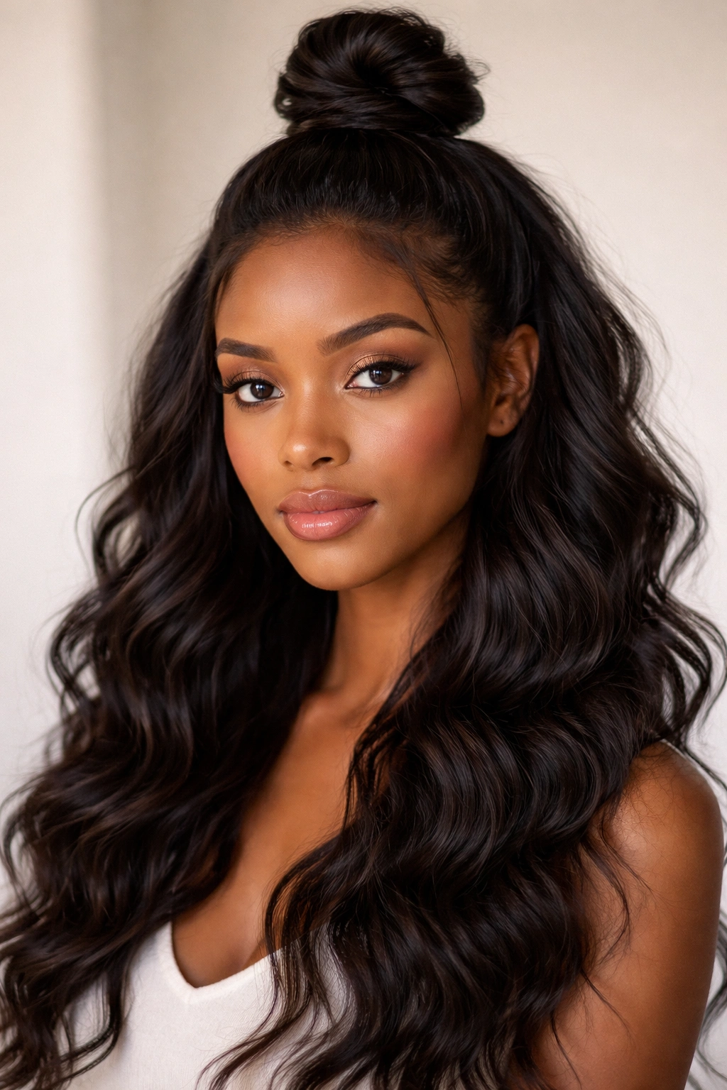 Close-up of a Black woman's wavy hair styled into a top knot at the crown with loose waves.