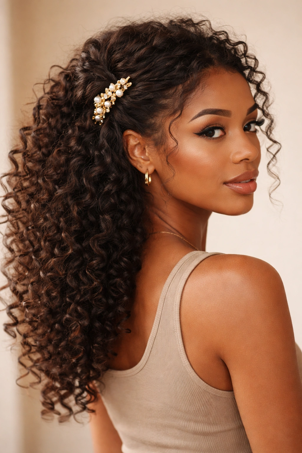Half-up twist with a metallic hair accessory and flowing curls