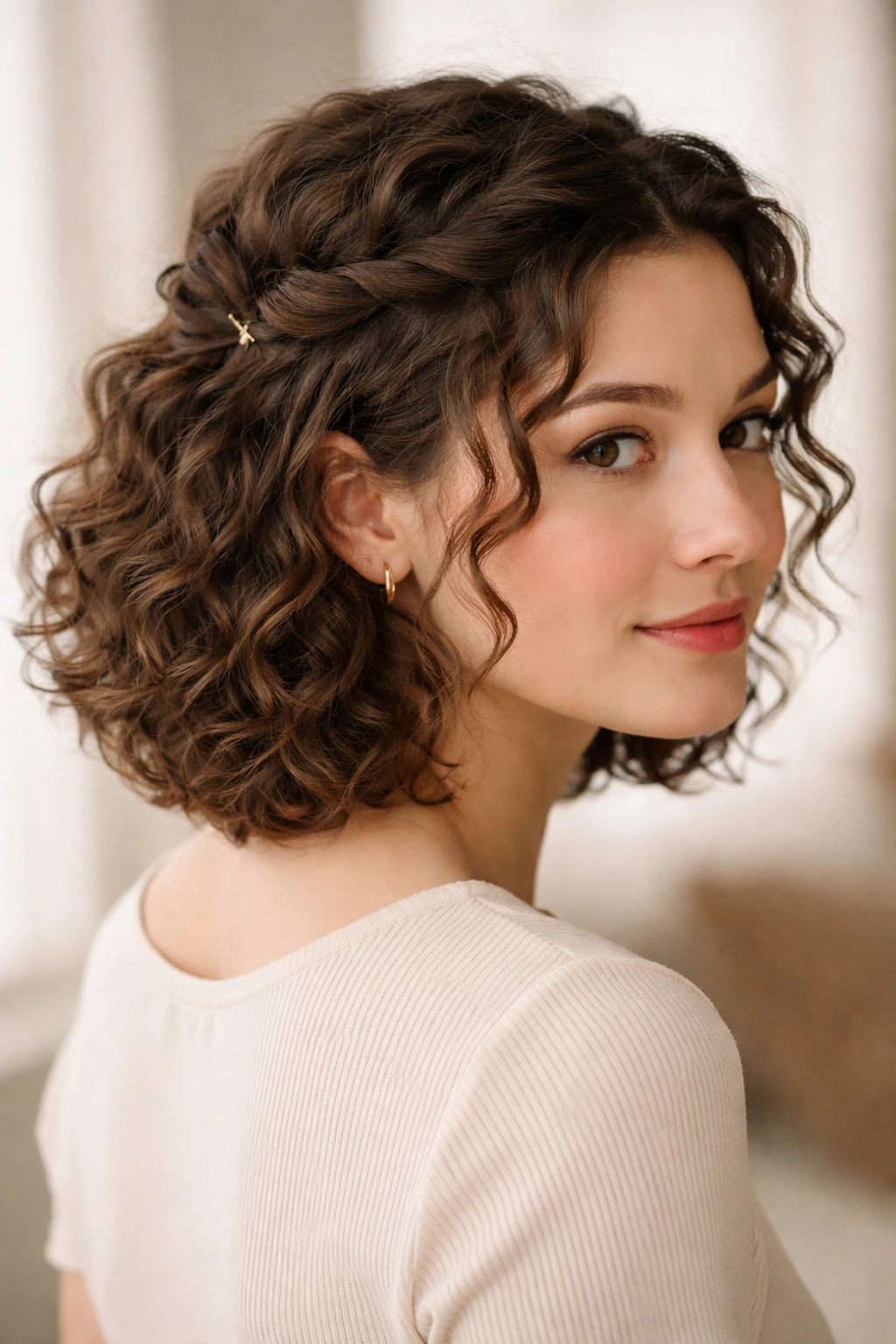 Half-up twist with clips securing mid-back hair showing curl texture.