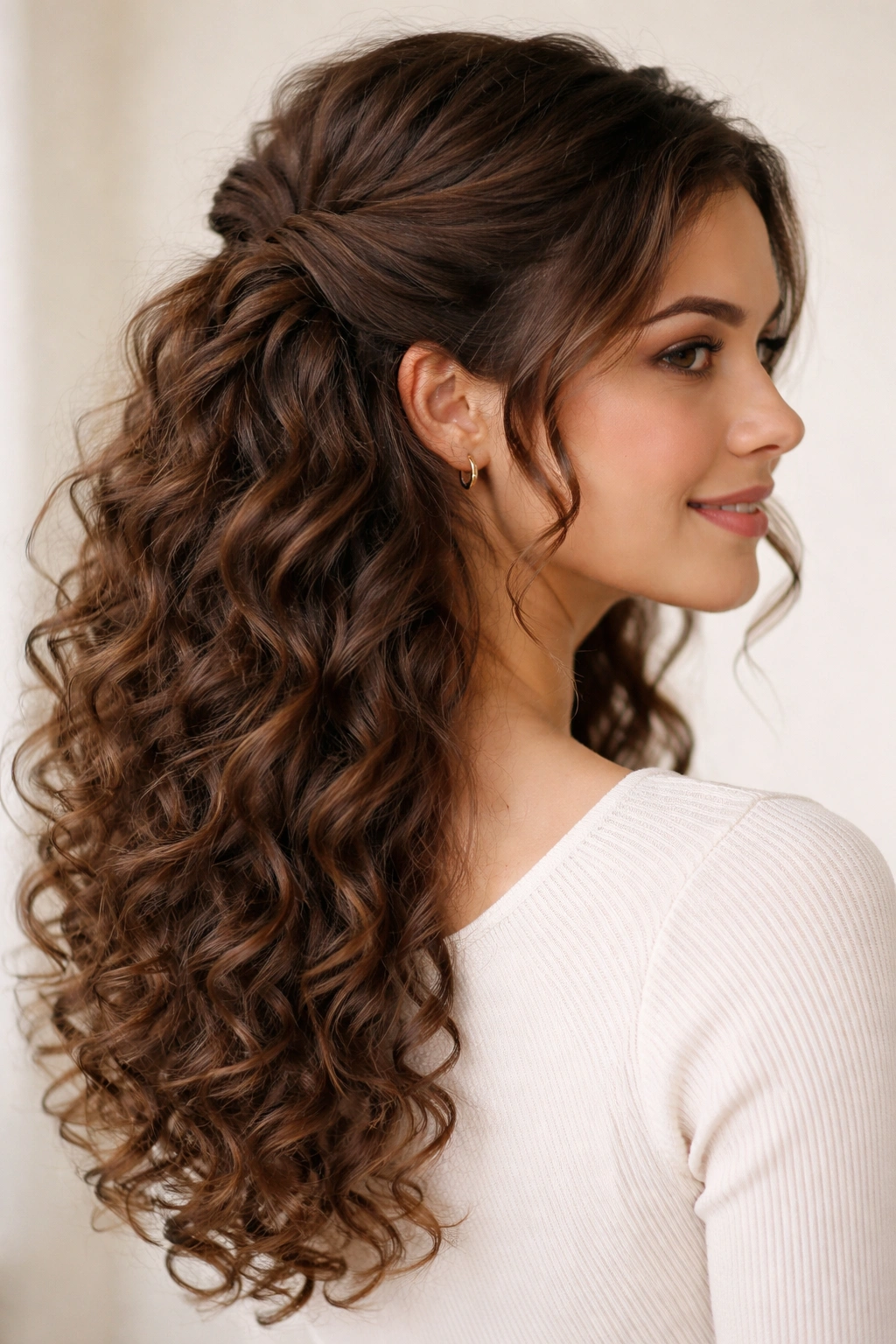 Half-up twist showing crown twist and loose lower curls