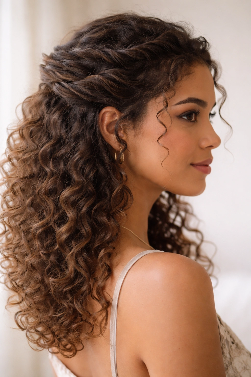 Close-up of a curly half-up half-down twist with pinned top and flowing curls