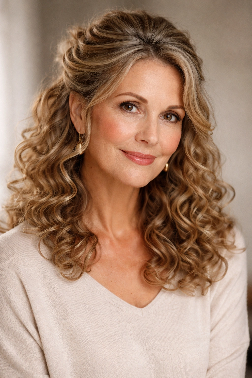 Medium shot of a 50+ woman with half-up twist hairstyle