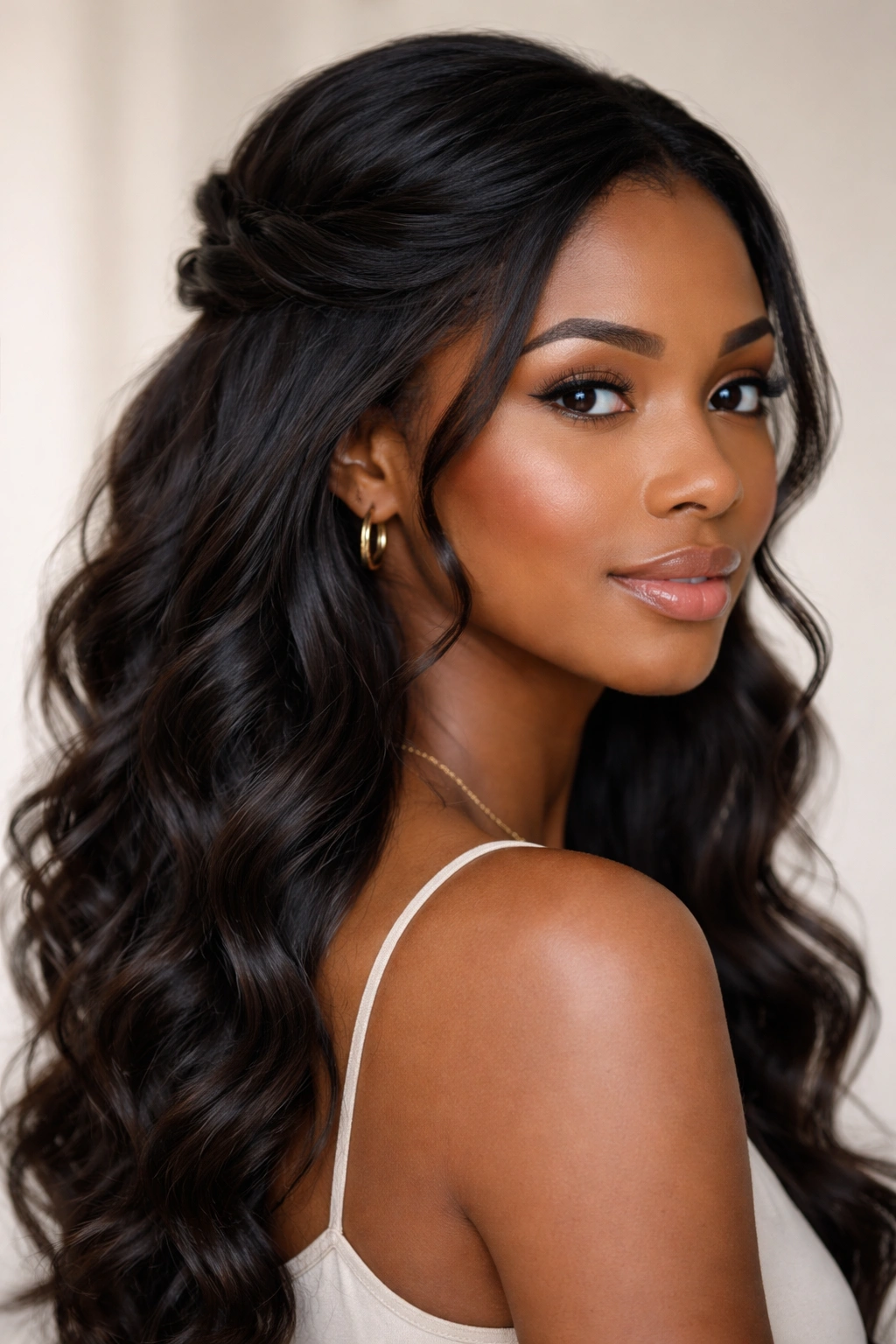 Close-up of a Black woman's wavy hair in a classic half-up twist with crown twist.