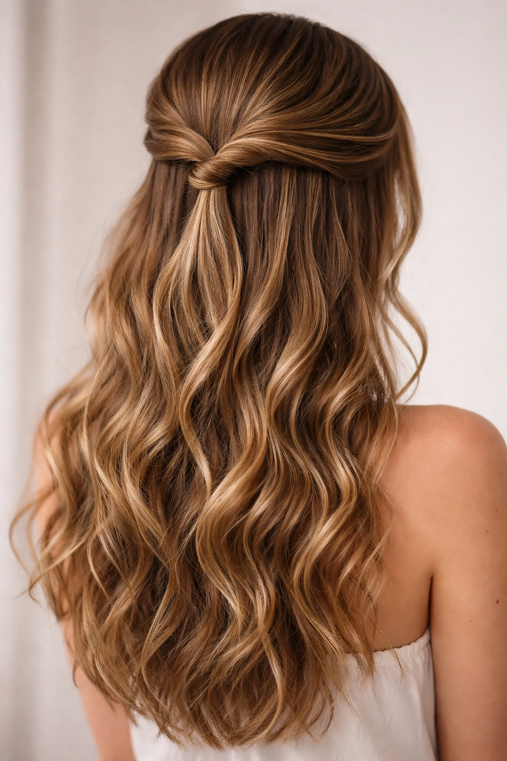 Half-up half-down hairstyle with crown twists and flowing waves