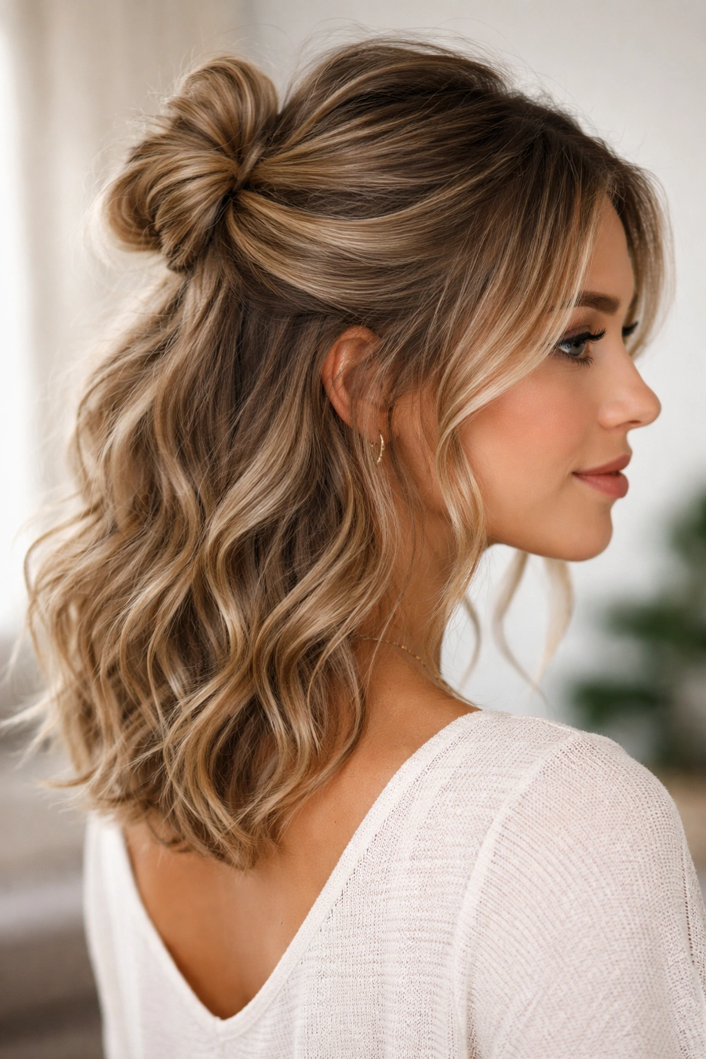 Half-up twisted bun on wavy hair with bottom waves
