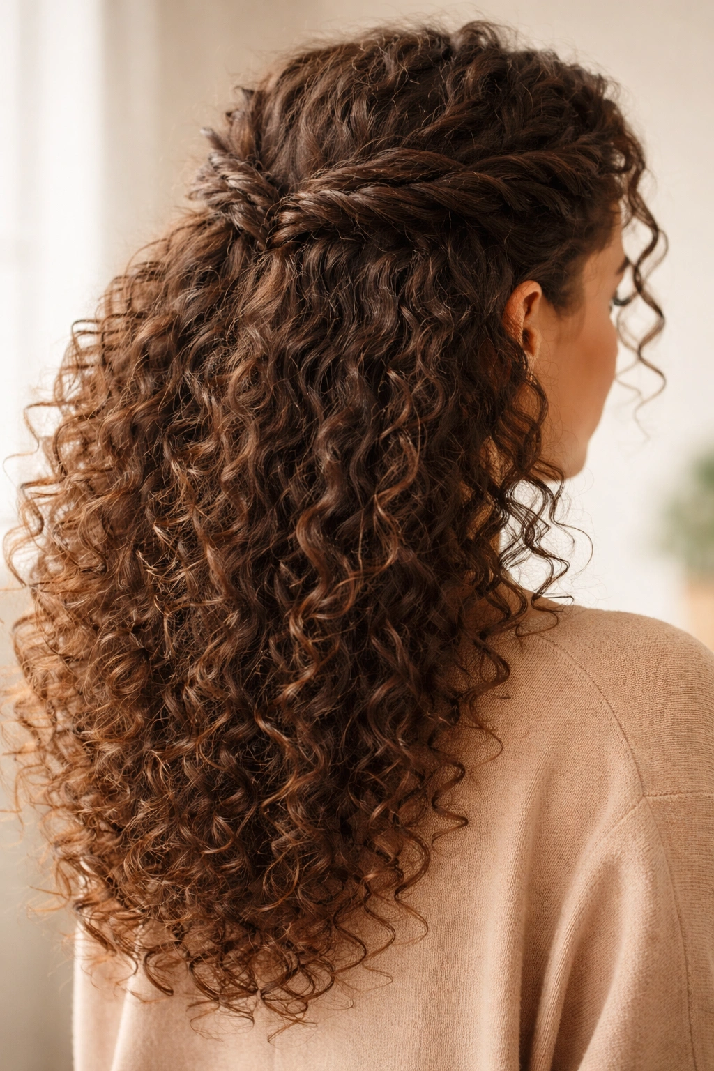 Two front twists forming a half-up crown among curly hair