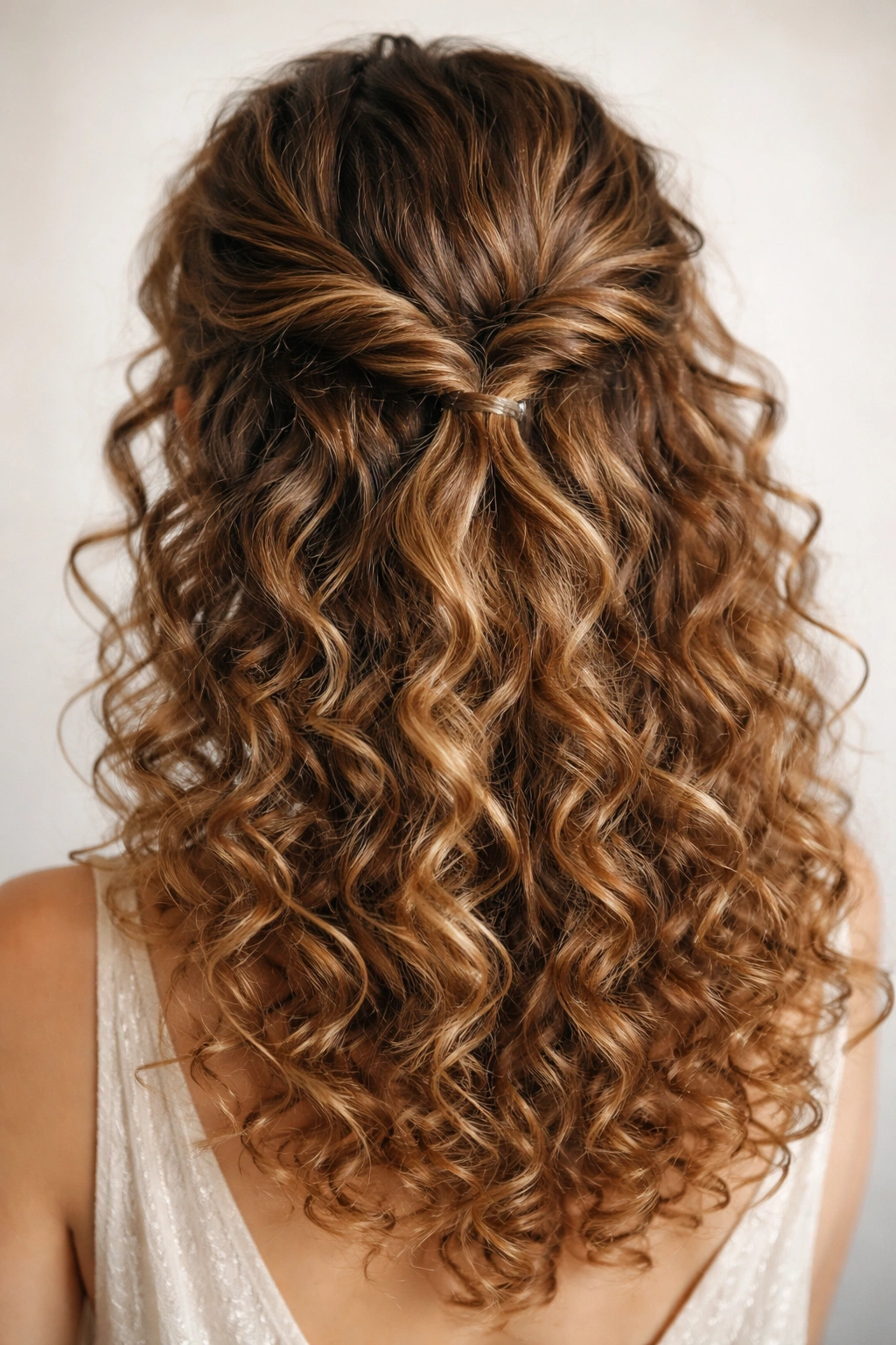 Close-up of a curly half-up twisted hairstyle with two twists gathered at the back