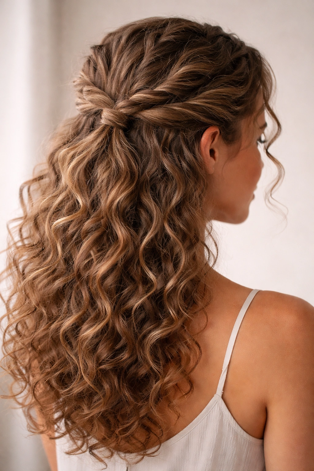 Half-up twisted knot with front twists meeting into a loose back knot on curly hair.