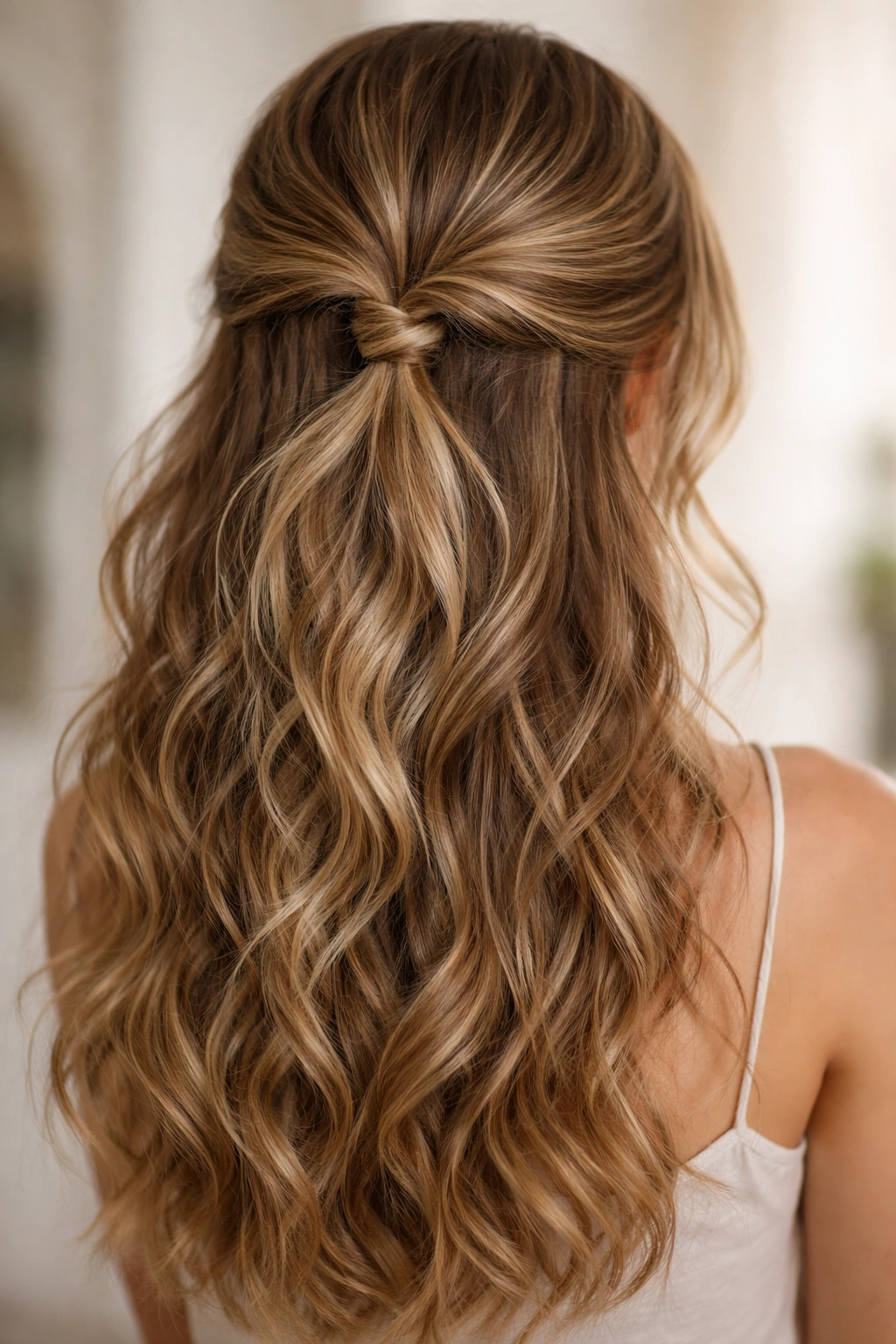 Half-Up Twisted Knot hairstyle with waves and a small knot