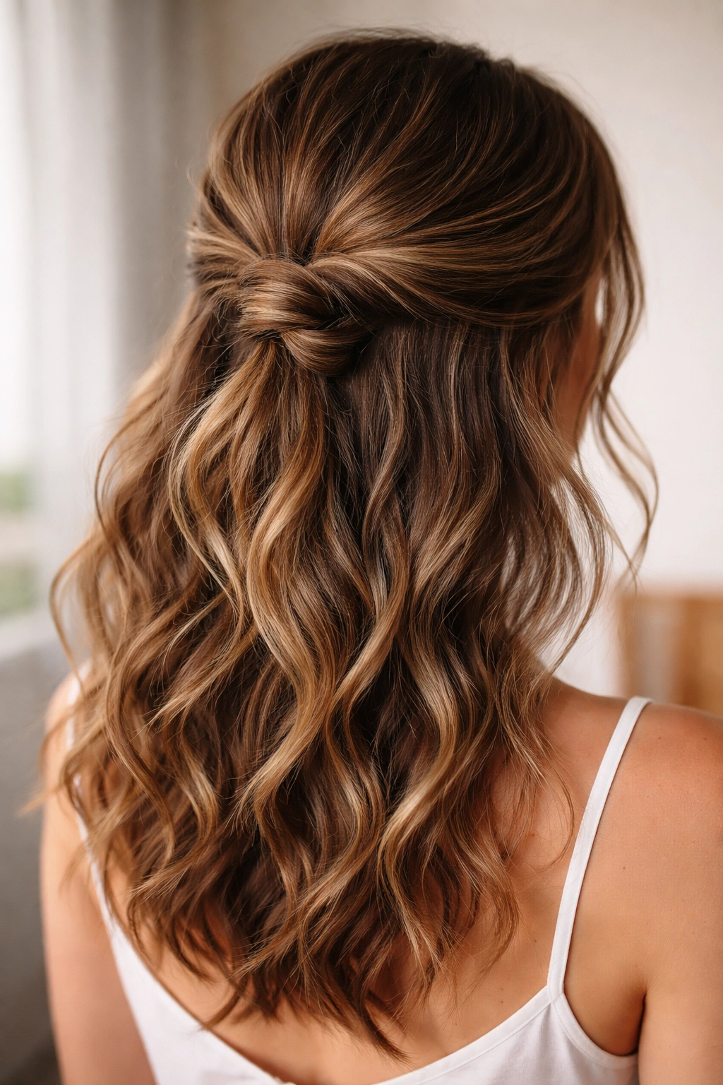 Half-Up Twisted Knot hairstyle on wavy hair, crown twist with loose lower waves