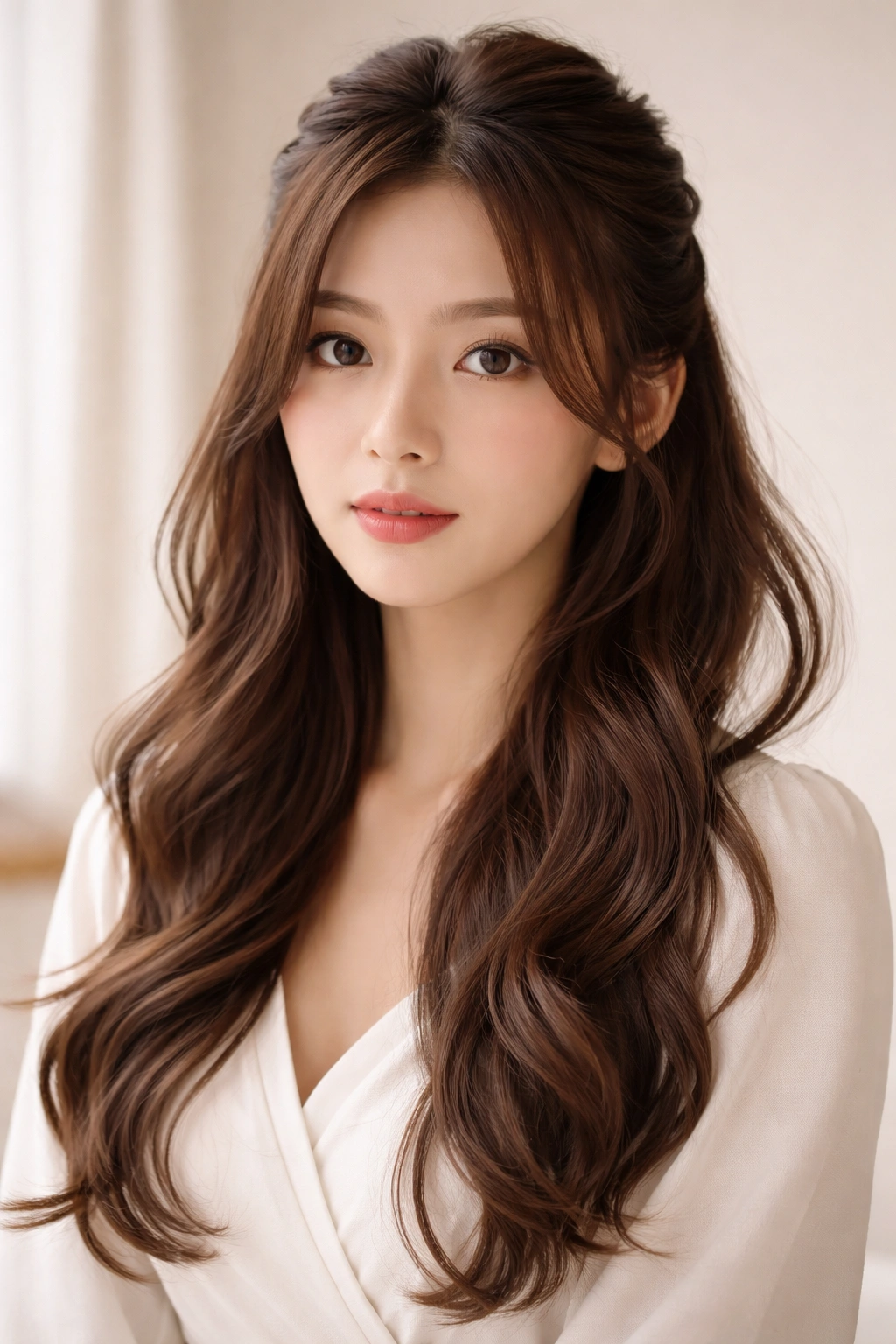 Front-facing model with half-up waves and face-framing strands