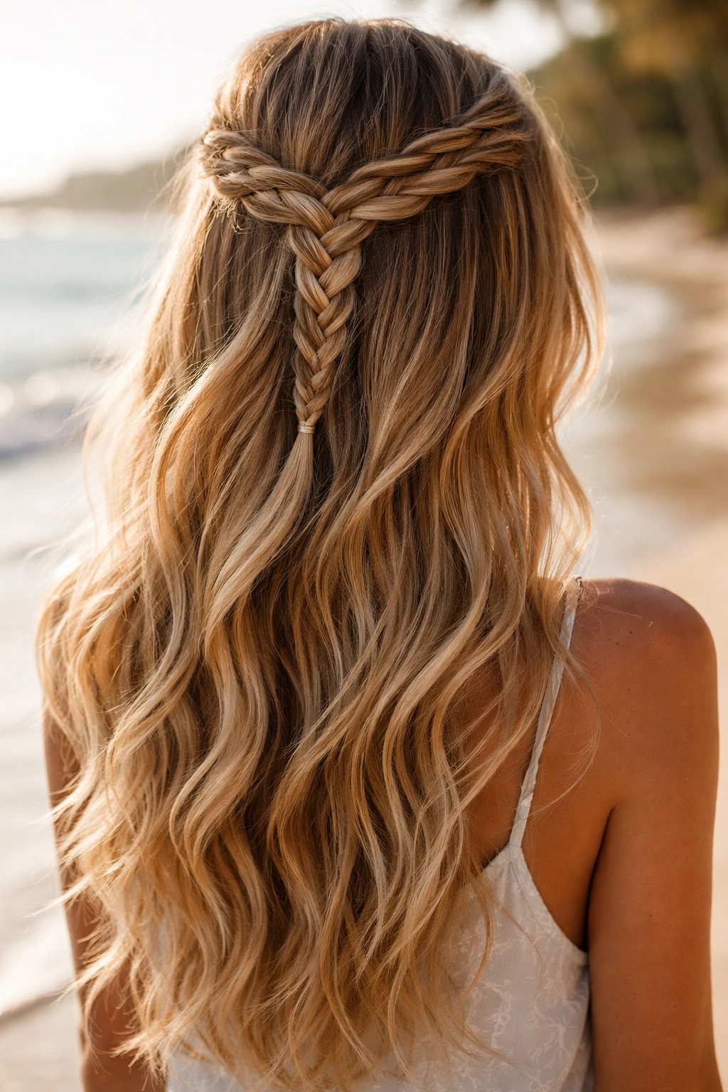Close-up of half-up braided hairstyle with loose beachy waves on a sunlit beach