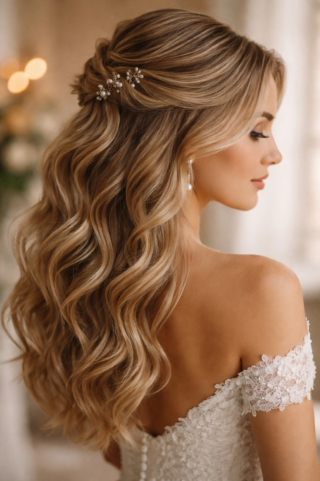 Close-up of a romantic half-up wavy bridal hairstyle with a twisted crown and loose waves