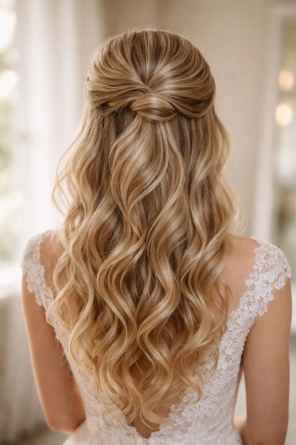 Close-up back view of a bridal hairstyle with a half-up crown and cascading waves.