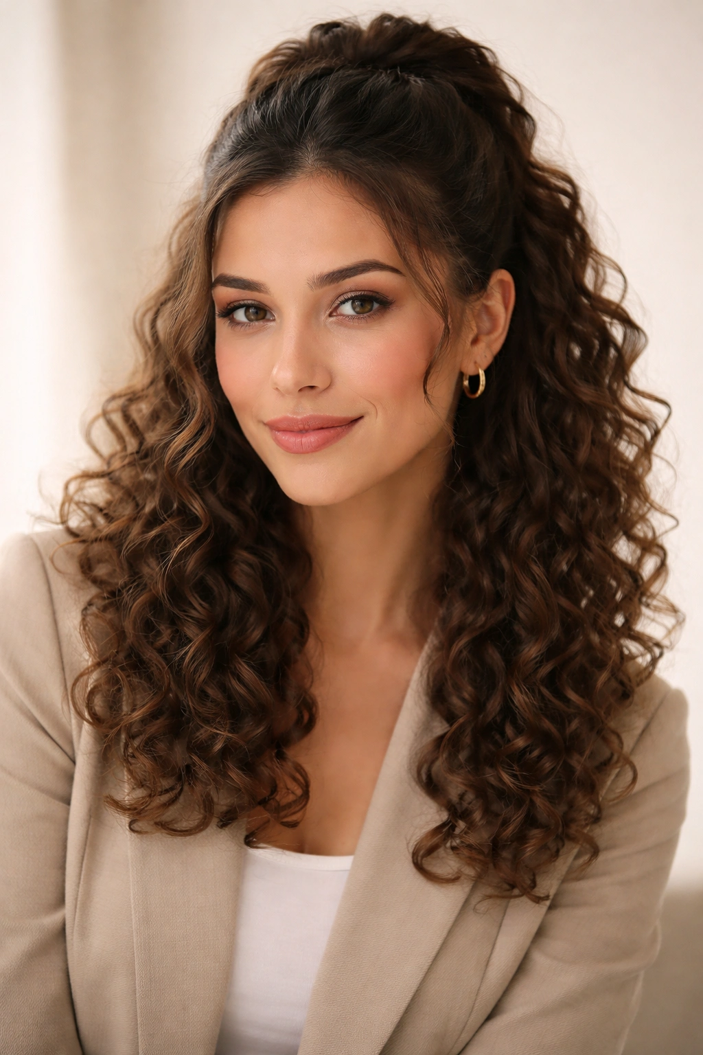 Half-up half-down curls with defined waves on curly hair in a neutral studio