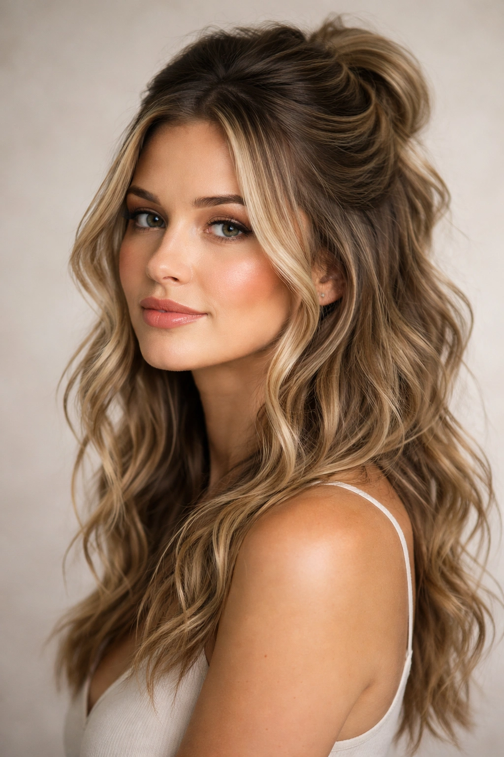 Half-up hairstyle with top section secured and face-framing waves on sides.