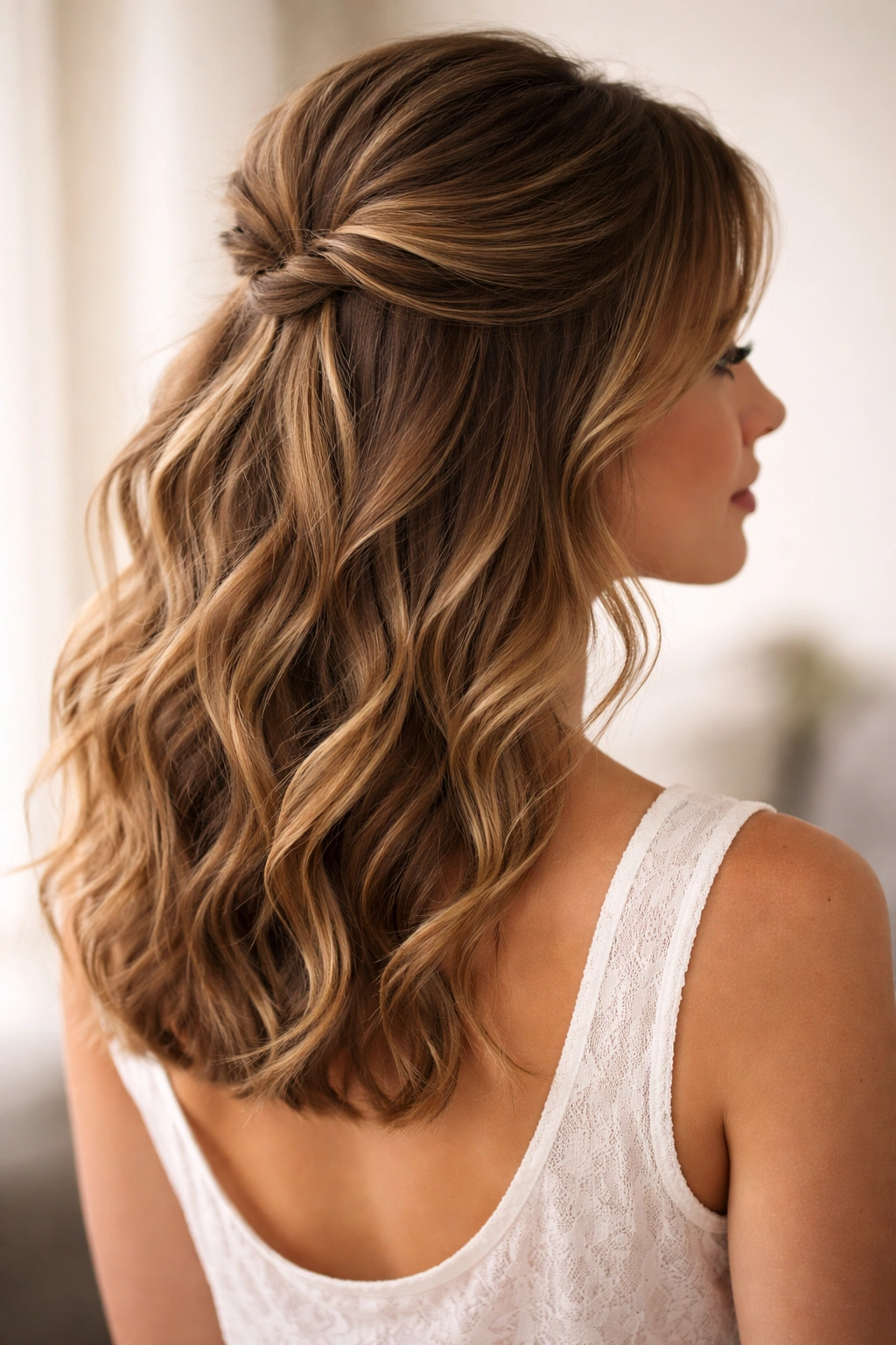 Half-up textured waves with crown volume