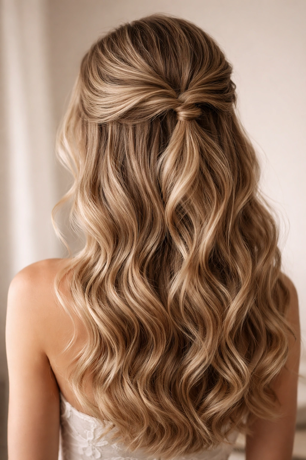 Close-up of half-up wavy hairstyle with a crown twist and flowing waves